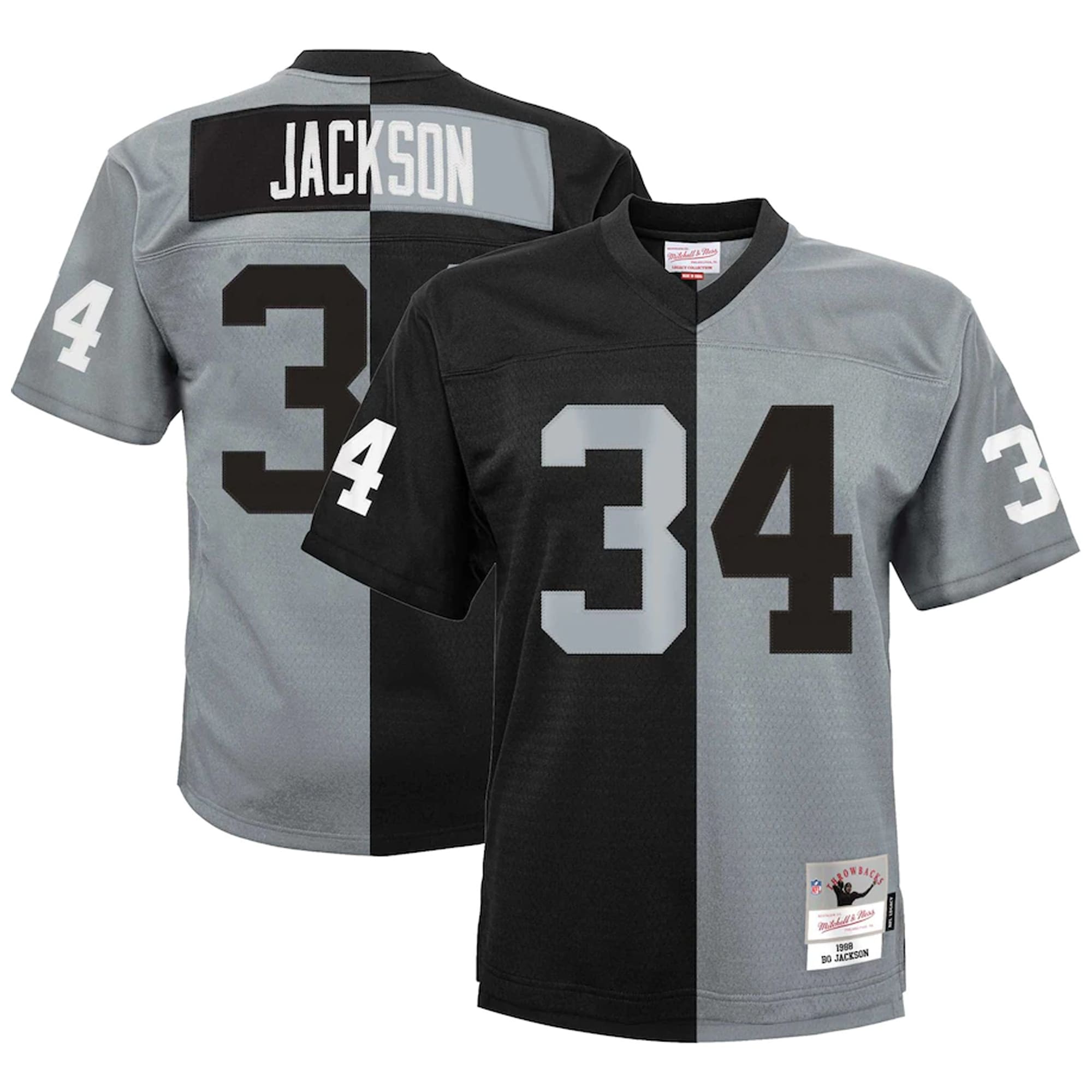 Youth Las Vegas Raiders Bo Jackson Mitchell & Ness Black/Silver Split Legacy Jersey JS3381 nicesnker