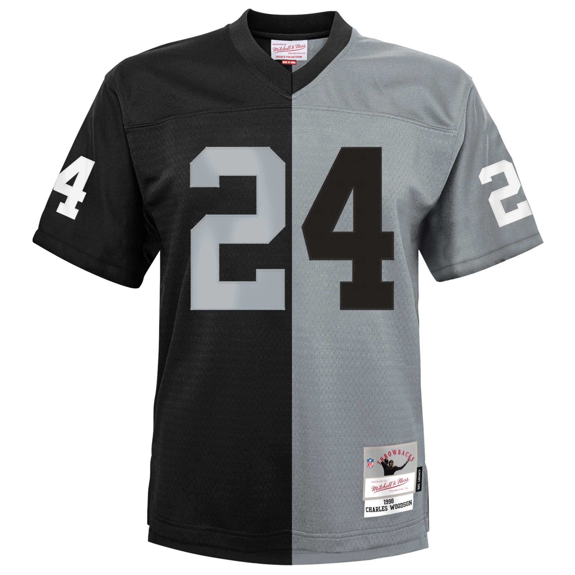 Alternative view of Youth Las Vegas Raiders Charles Woodson Mitchell & Ness Black/Silver Split Legacy Jersey JS6545 nicesnker