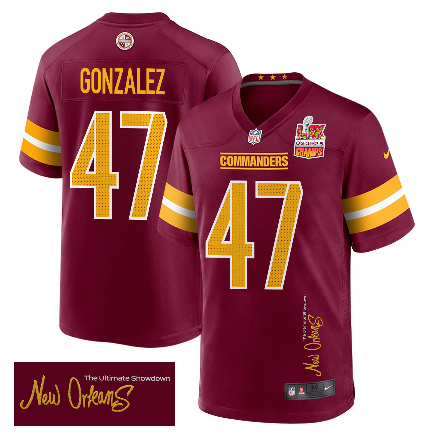 Zane Gonzalez 47 Washington Commanders Super Bowl LIX Champions Patch 'New Orleans - The Ultimate Showdown' EMBROIDERED Game Men Jersey - Burgundy JS5894 nicesnker