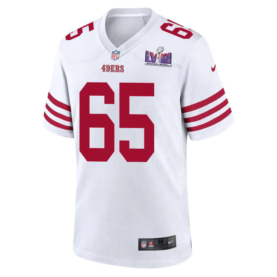 Alternative view of Aaron Banks #65 San Francisco 49ers Super Bowl LVIII Patch Game Jersey - Men's | White