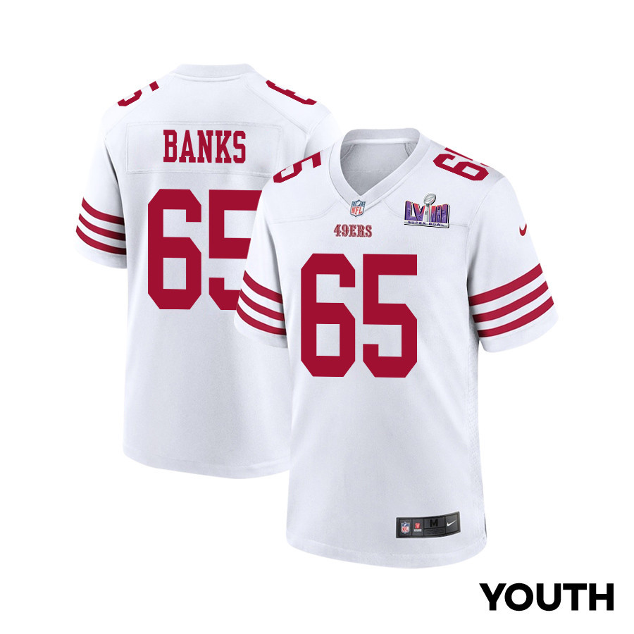 Aaron Banks #65 San Francisco 49ers Super Bowl LVIII Patch Game Jersey - Youth | White
