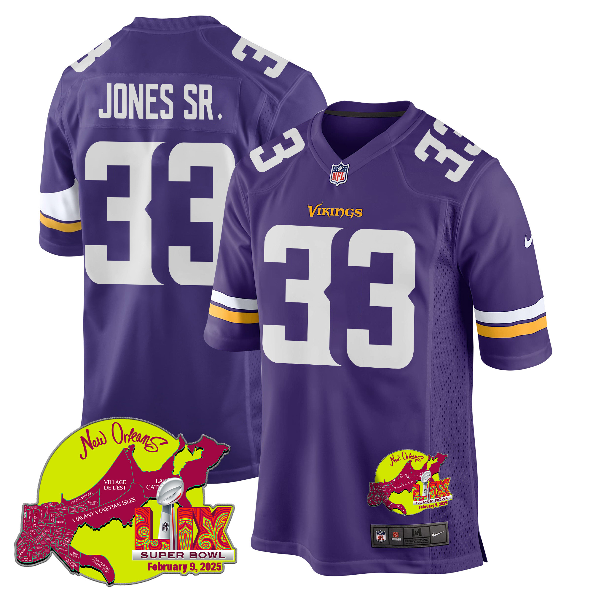 Aaron Jones Sr. #33 Minnesota Vikings Super Bowl LIX Game Jersey - Men's | Purple