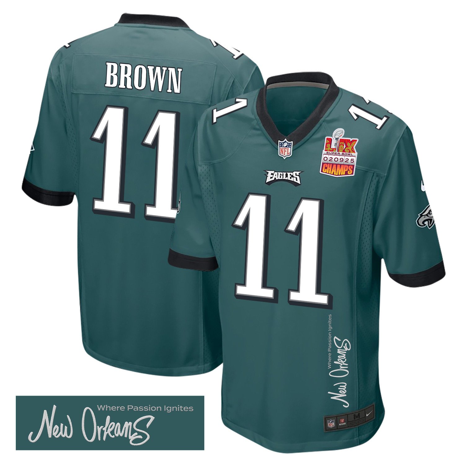 A.J. Brown #11 Philadelphia Eagles Super Bowl LIX Champions Patch Game Jersey - Men's | Midnight Green