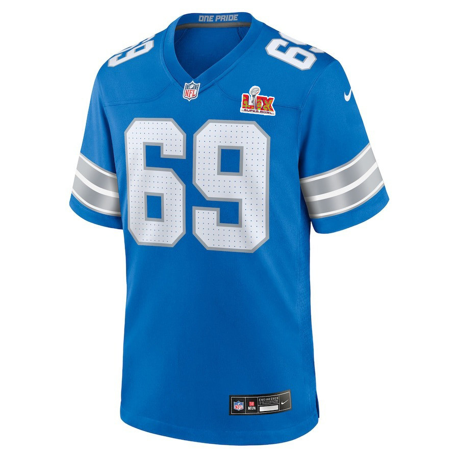 Alternative view of Al-Quadin Muhammad #69 Detroit Lions Super Bowl LIX Game Jersey - Youth | Blue