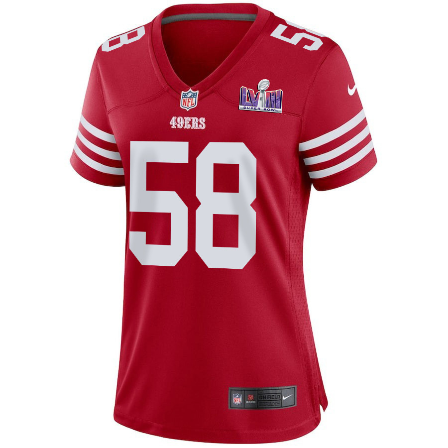 Alternative view of Alex Barrett #58 San Francisco 49ers Super Bowl LVIII Patch Game Jersey - Women's | Scarlet