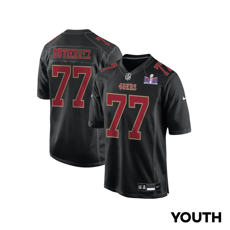 Alfredo Gutierrez #77 San Francisco 49ers Super Bowl LVIII Patch Game Jersey - Youth | Carbon Black