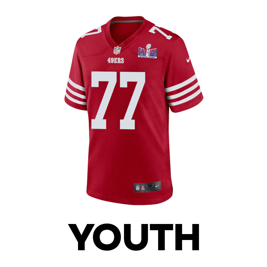 Alternative view of Alfredo Gutierrez #77 San Francisco 49ers Super Bowl LVIII Patch Game Jersey - Youth | Scarlet