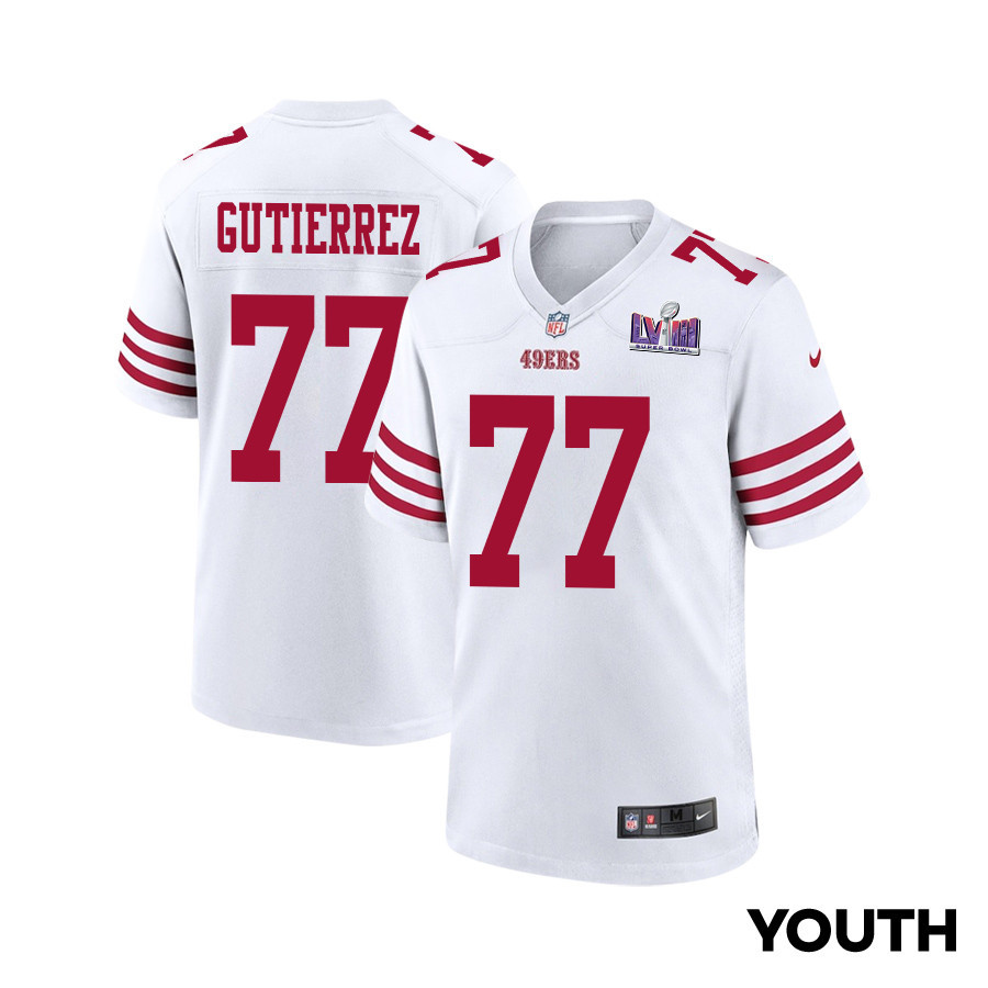 Alfredo Gutierrez #77 San Francisco 49ers Super Bowl LVIII Patch Game Jersey - Youth | White