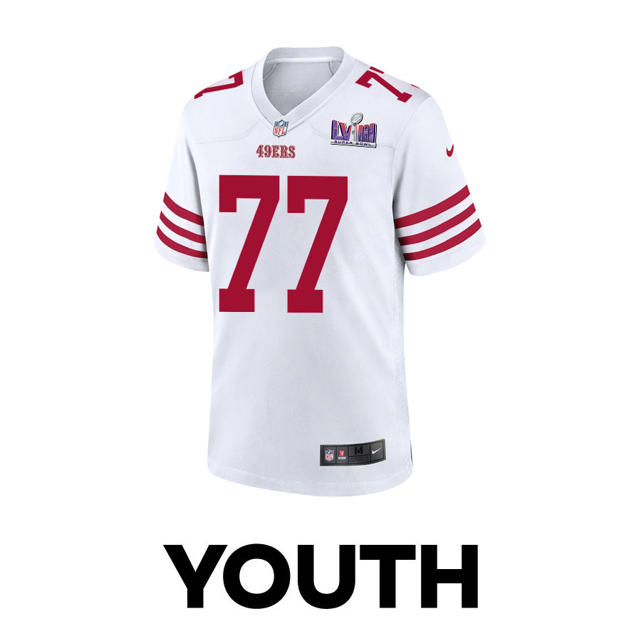 Alternative view of Alfredo Gutierrez #77 San Francisco 49ers Super Bowl LVIII Patch Game Jersey - Youth | White