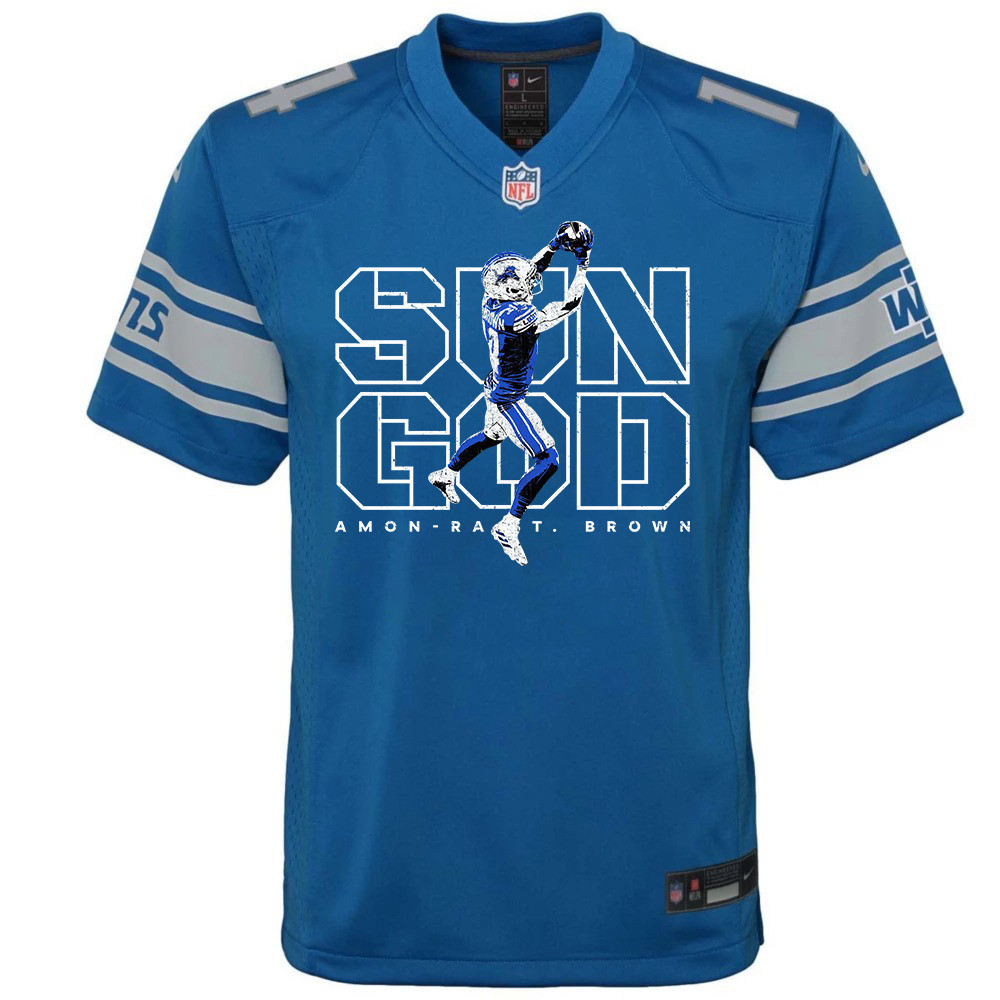 Alternative view of Amon-Ra St. Brown #14 Detroit Lions Game Jersey - Youth | Blue