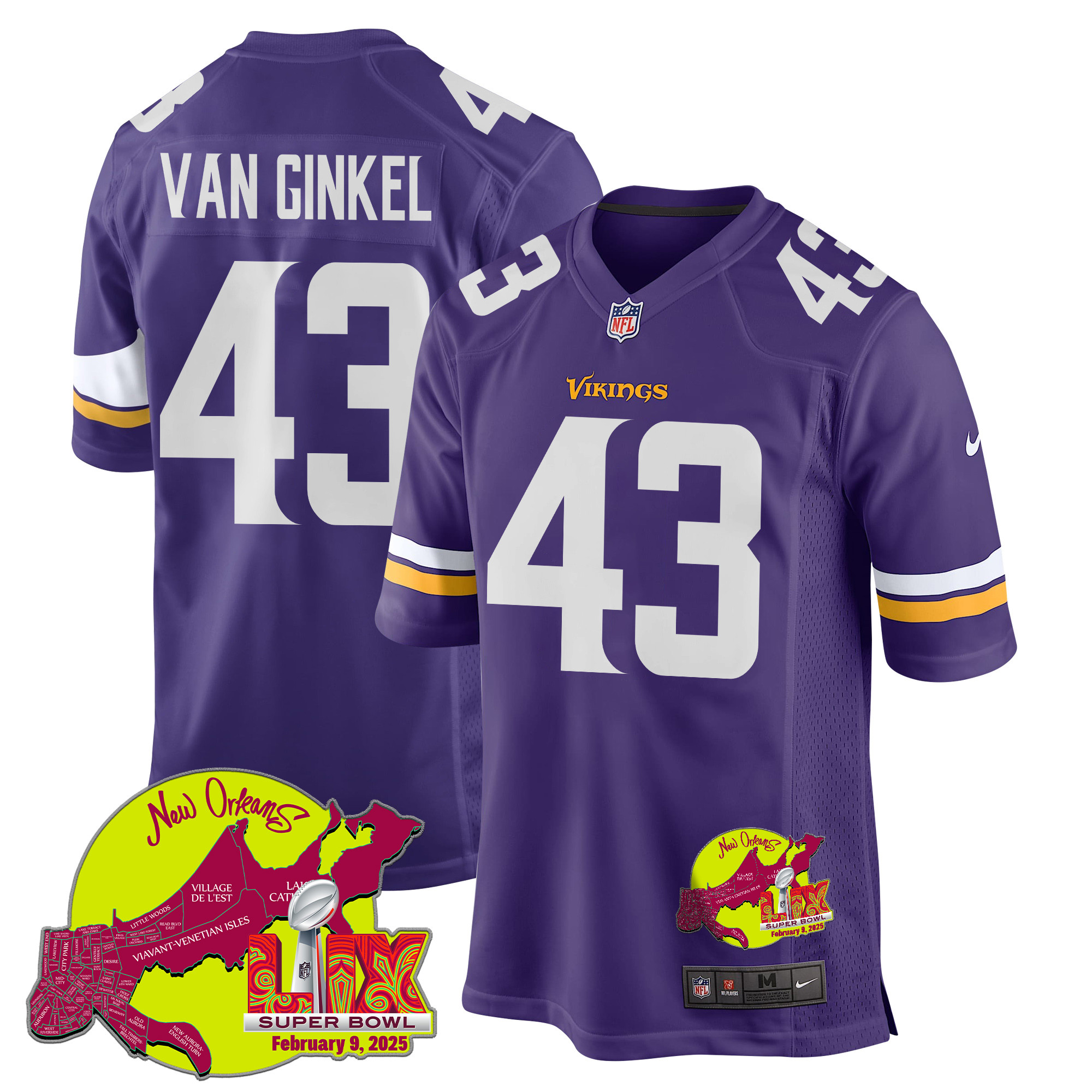 Andrew Van Ginkel #43 Minnesota Vikings Super Bowl LIX Game Jersey - Men's | Purple