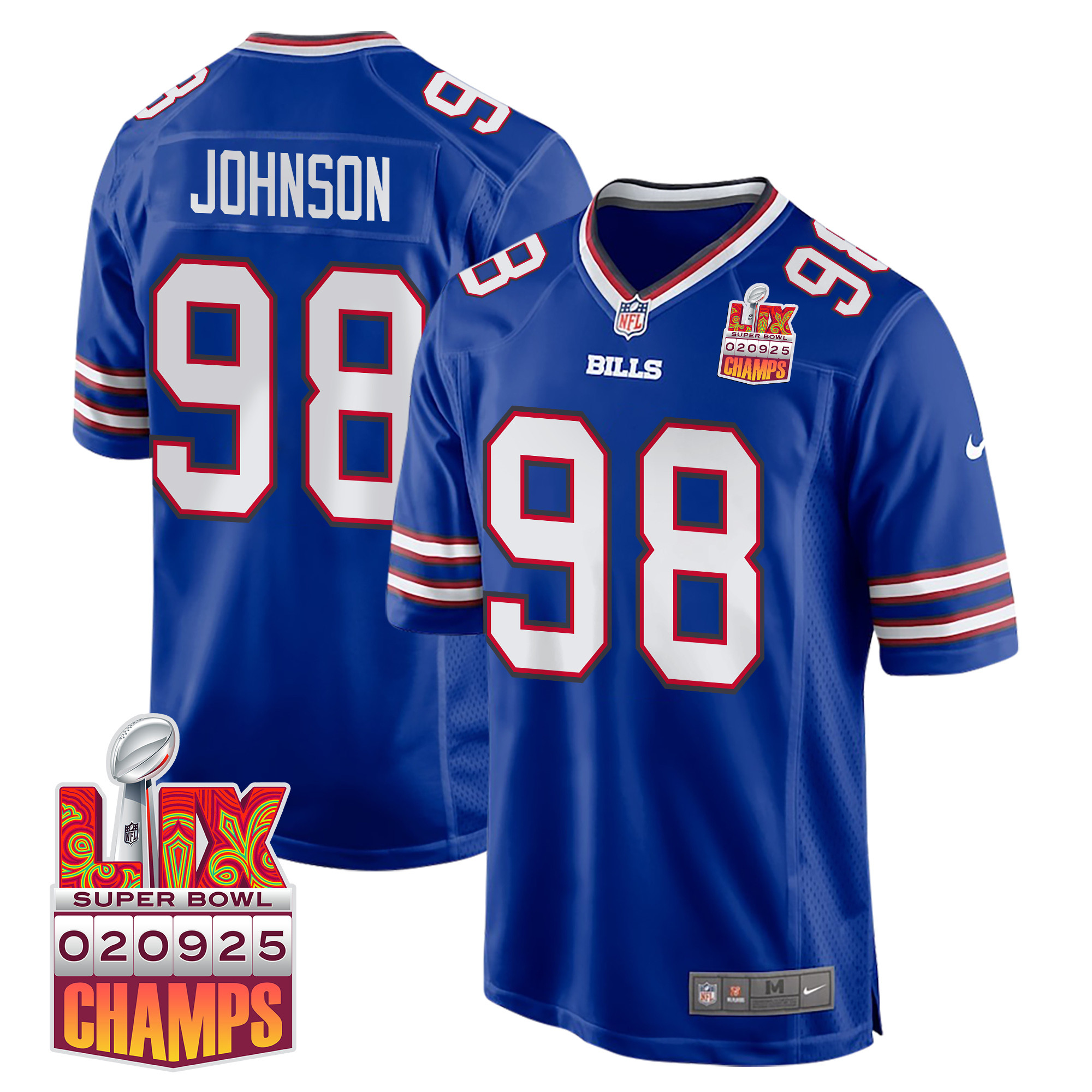 Austin Johnson #98 Buffalo Bills Super Bowl LIX Champions Patch Game Jersey - Men's | Royal