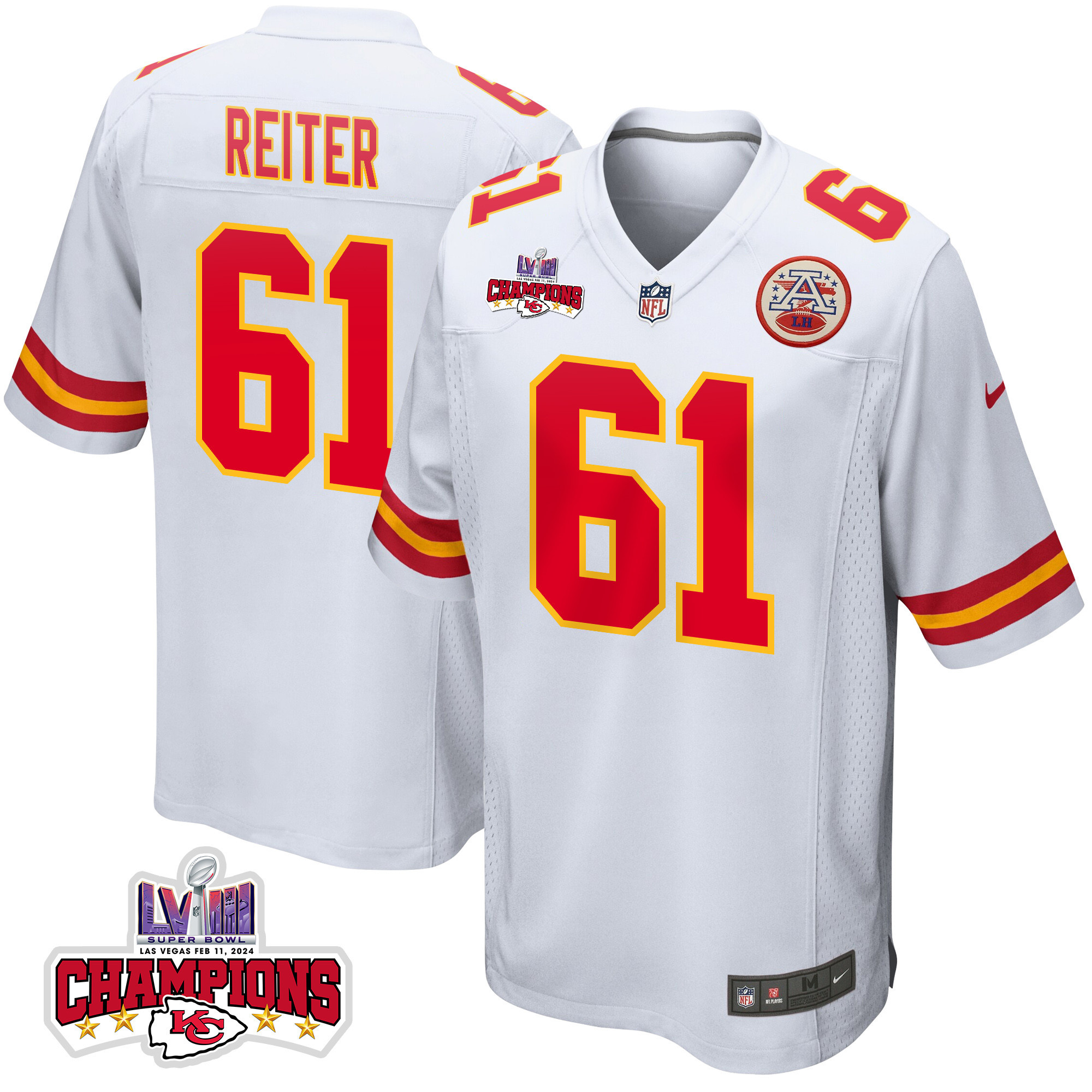 Austin Reiter #61 Kansas City Chiefs Super Bowl LVIII Champions 4 Stars Patch Game Jersey - Men's | White