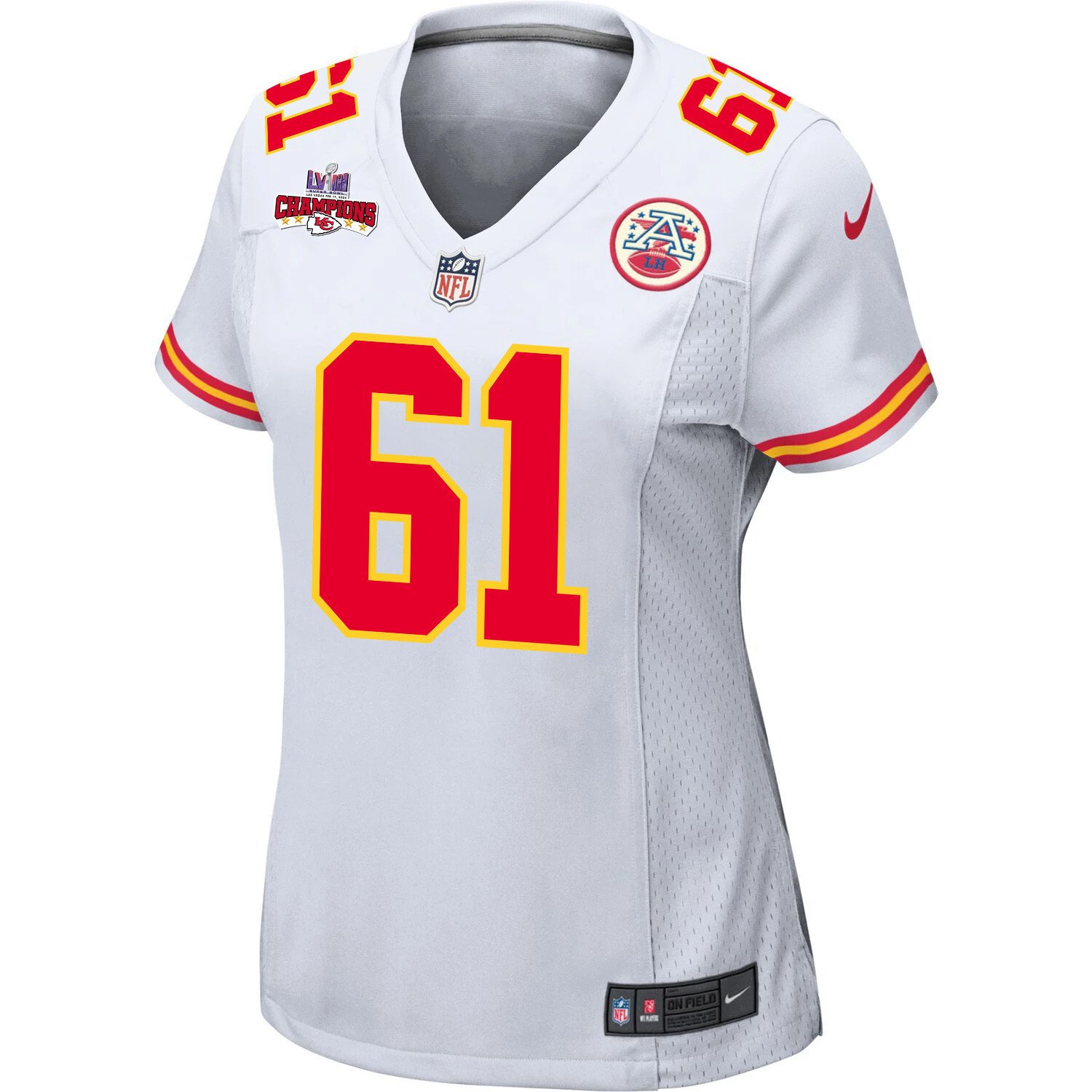 Alternative view of Austin Reiter #61 Kansas City Chiefs Super Bowl LVIII Champions 4 Stars Patch Game Jersey - Women's | White