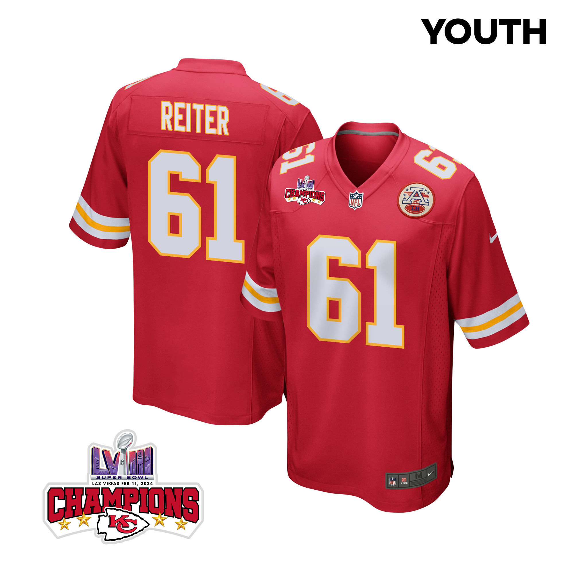 Austin Reiter #61 Kansas City Chiefs Super Bowl LVIII Champions 4 Stars Patch Game Jersey - Youth | Red