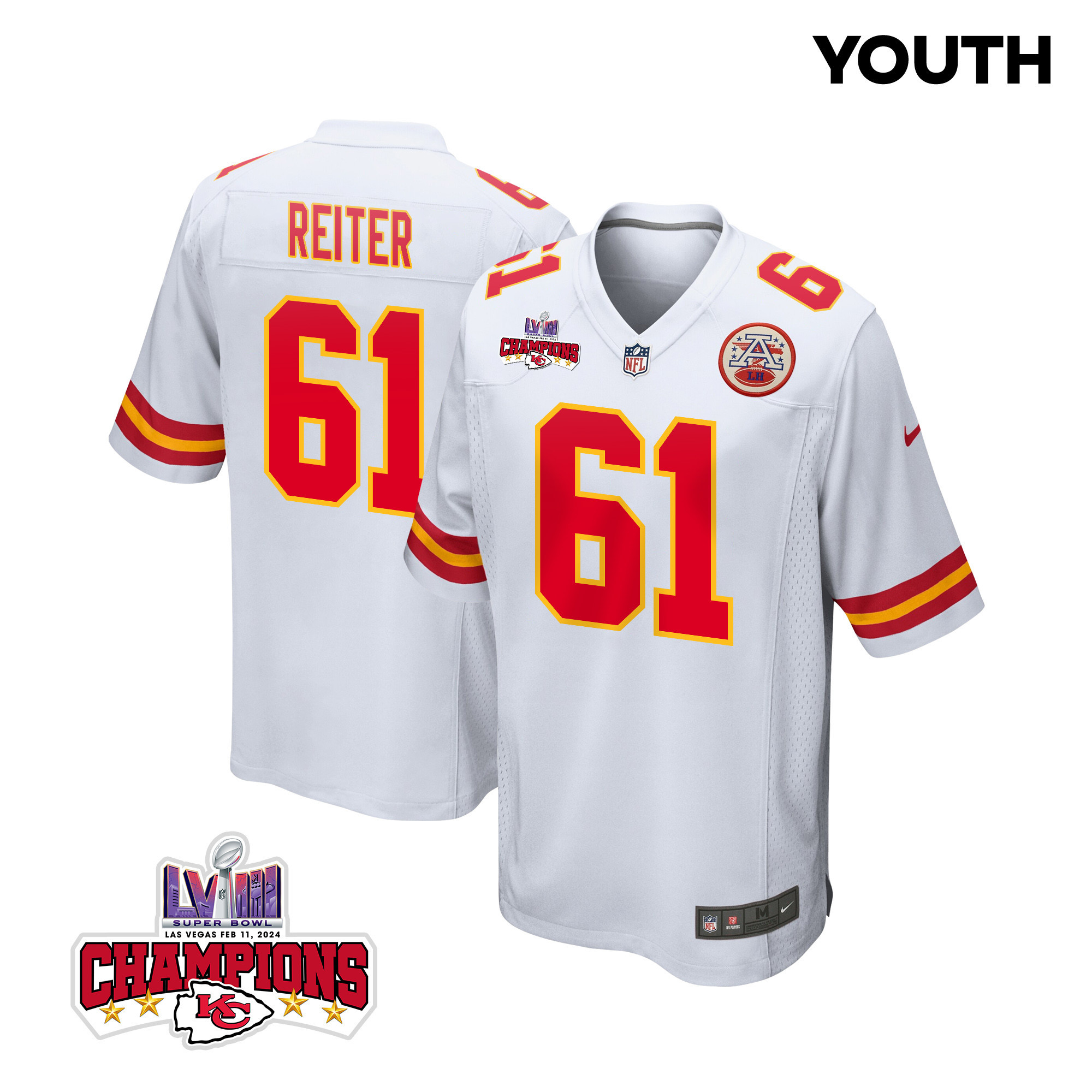 Austin Reiter #61 Kansas City Chiefs Super Bowl LVIII Champions 4 Stars Patch Game Jersey - Youth | White