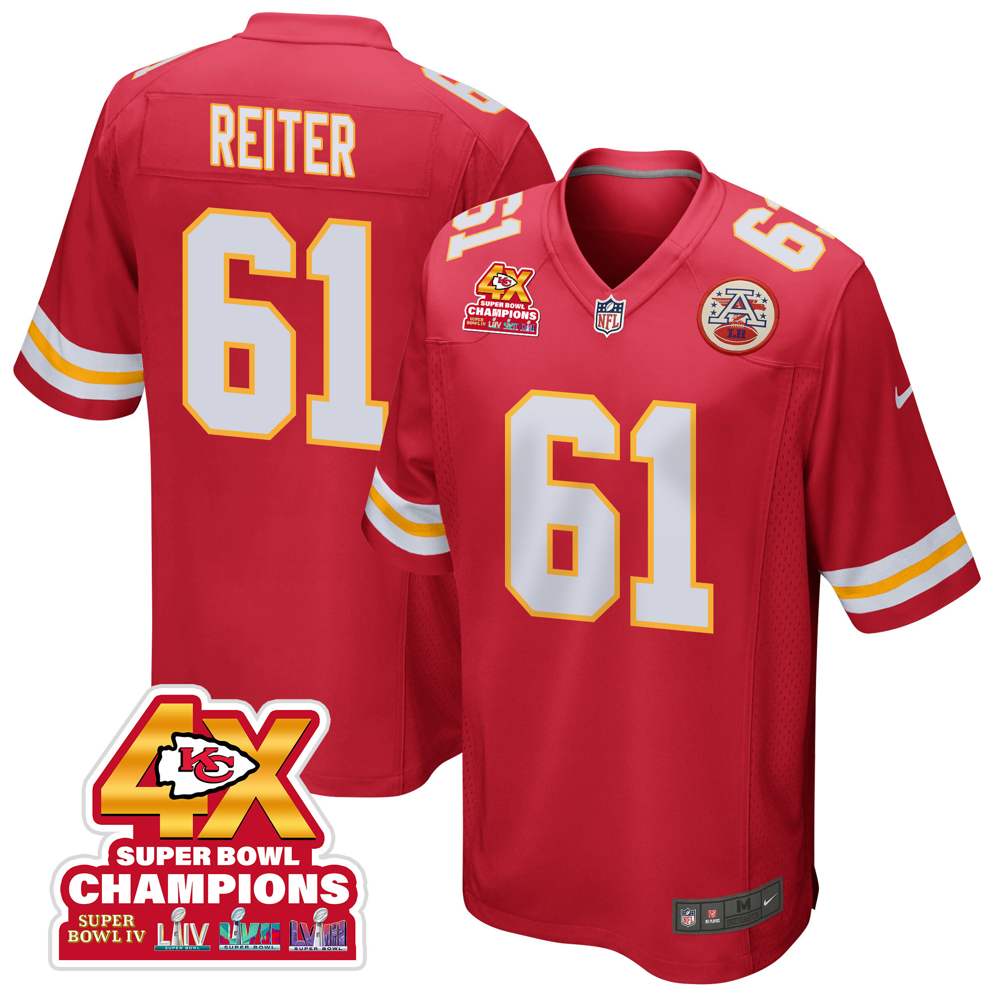 Austin Reiter #61 Kansas City Chiefs Super Bowl LVIII Champions 4X Game Jersey - Men's | Red
