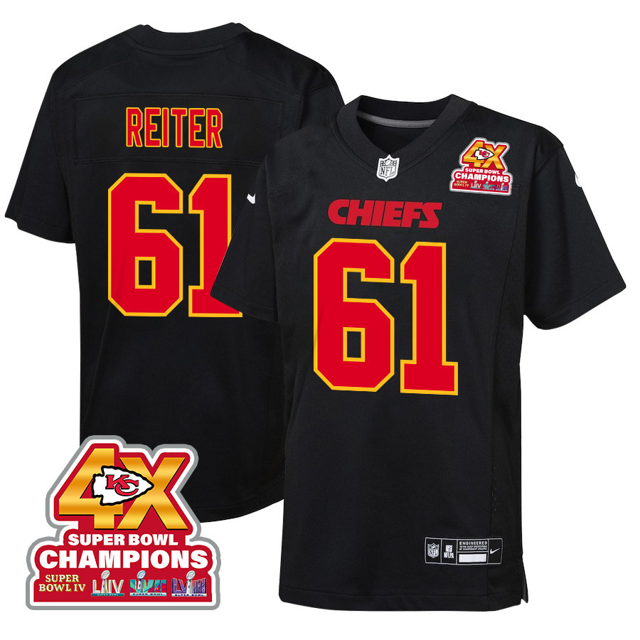 Austin Reiter #61 Kansas City Chiefs Super Bowl LVIII Champions 4X Game Jersey - Youth | Carbon Black