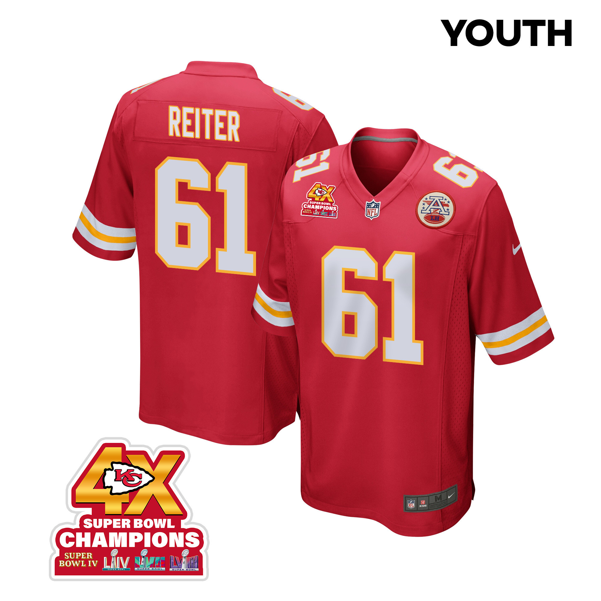 Austin Reiter #61 Kansas City Chiefs Super Bowl LVIII Champions 4X Game Jersey - Youth | Red