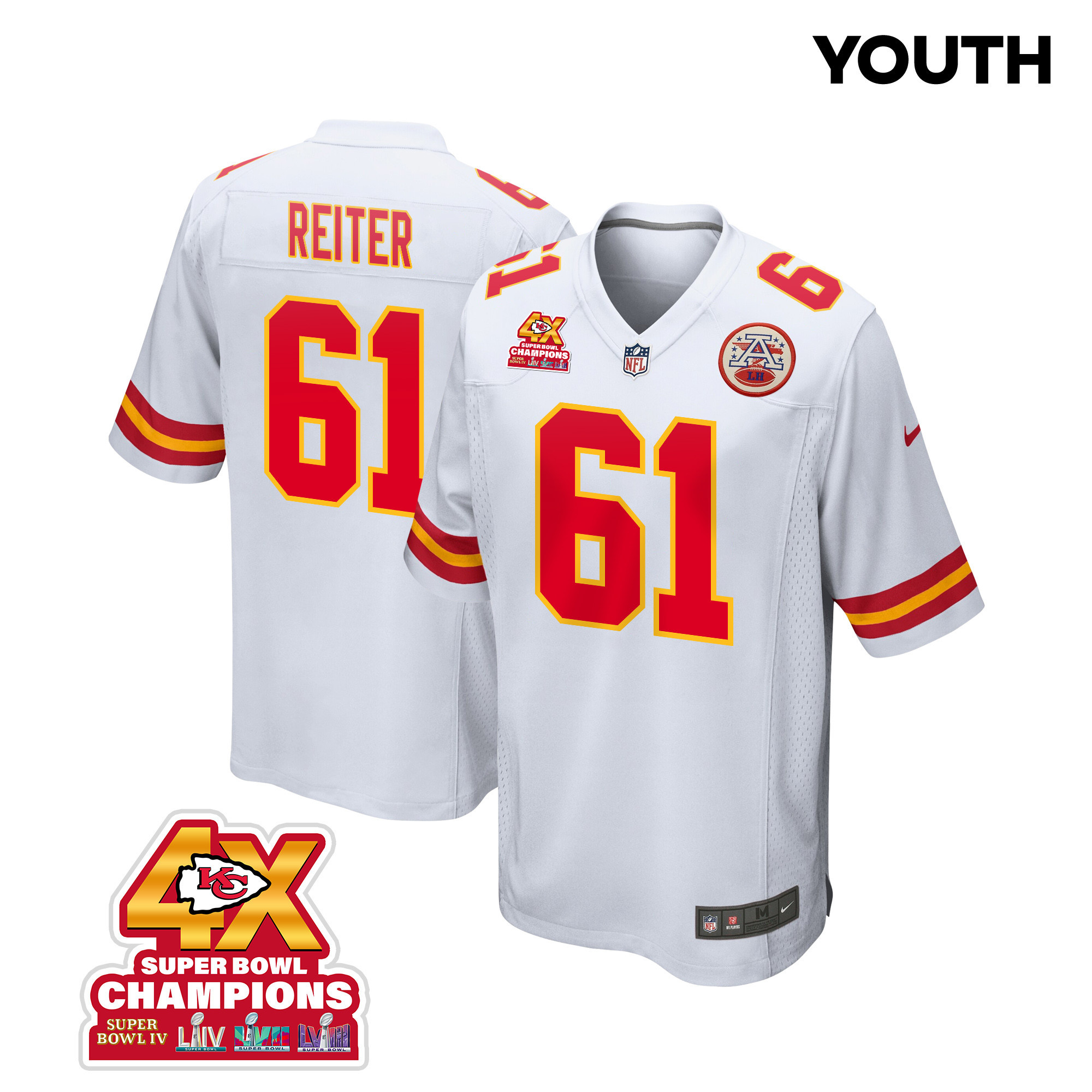 Austin Reiter #61 Kansas City Chiefs Super Bowl LVIII Champions 4X Game Jersey - Youth | White