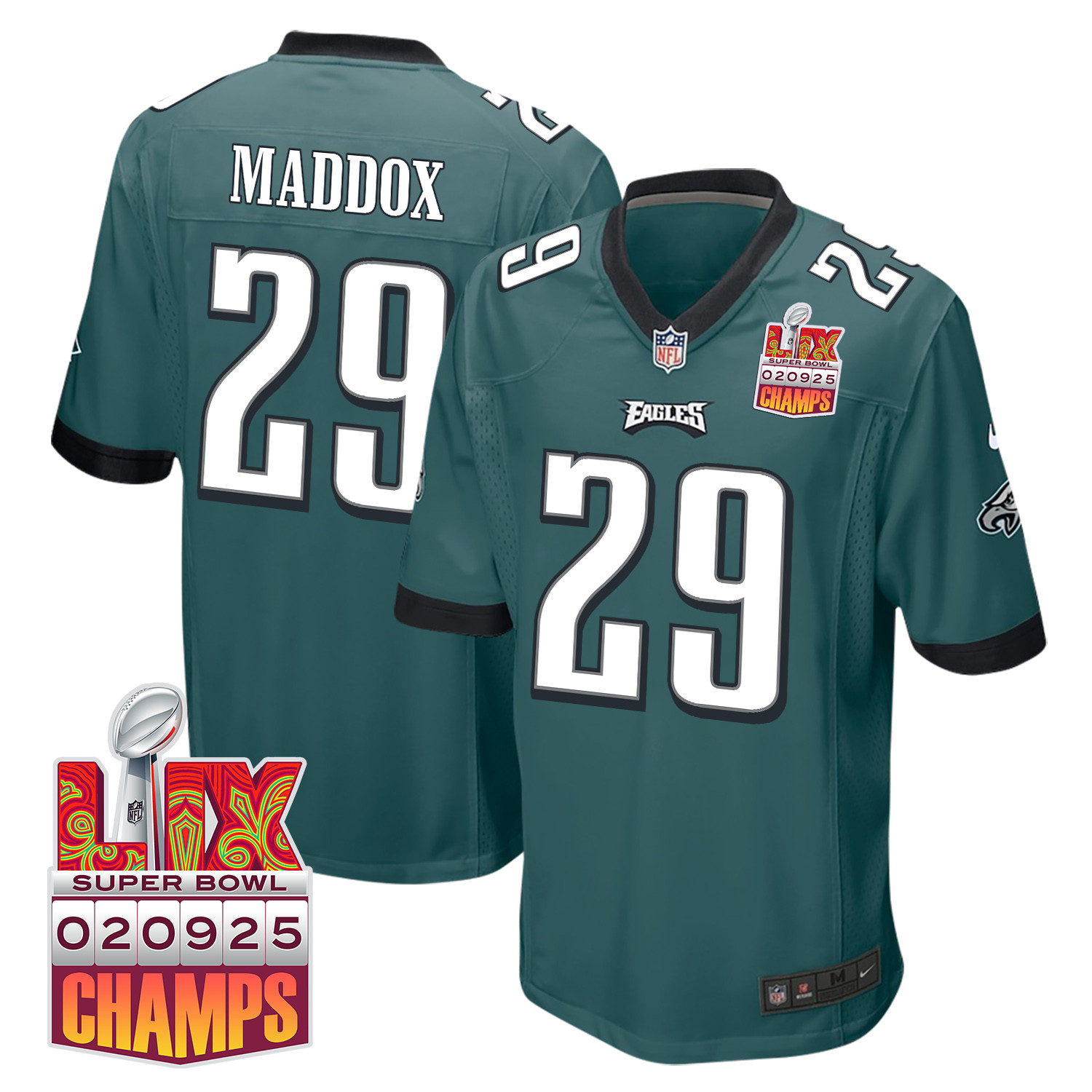 Avonte Maddox #29 Philadelphia Eagles Super Bowl LIX Champions Patch Game Jersey - Men's | Midnight Green