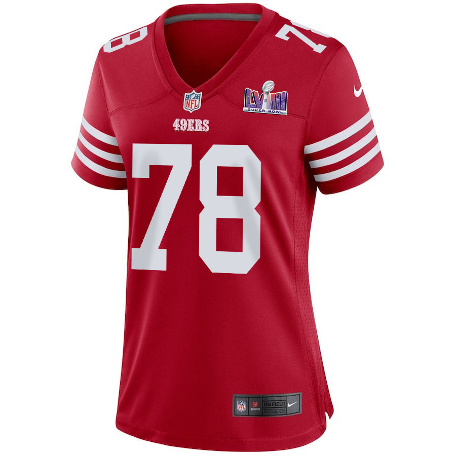Alternative view of Ben Bartch #78 San Francisco 49ers Super Bowl LVIII Patch Game Jersey - Women's | Scarlet