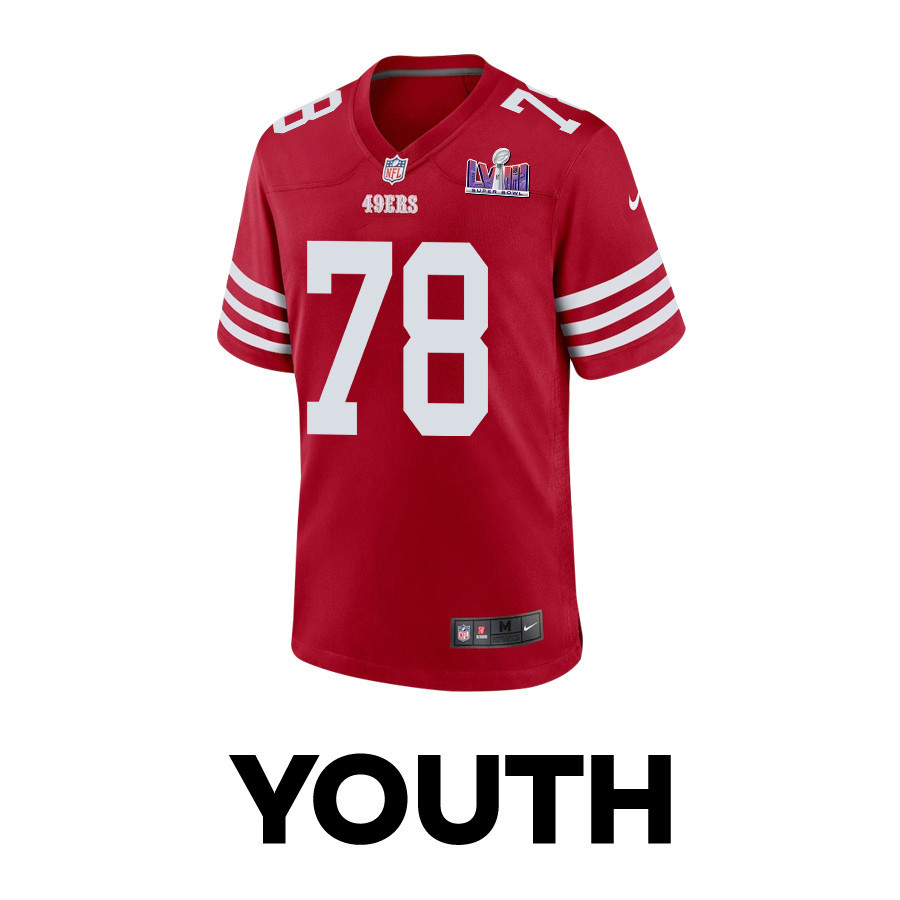 Alternative view of Ben Bartch #78 San Francisco 49ers Super Bowl LVIII Patch Game Jersey - Youth | Scarlet