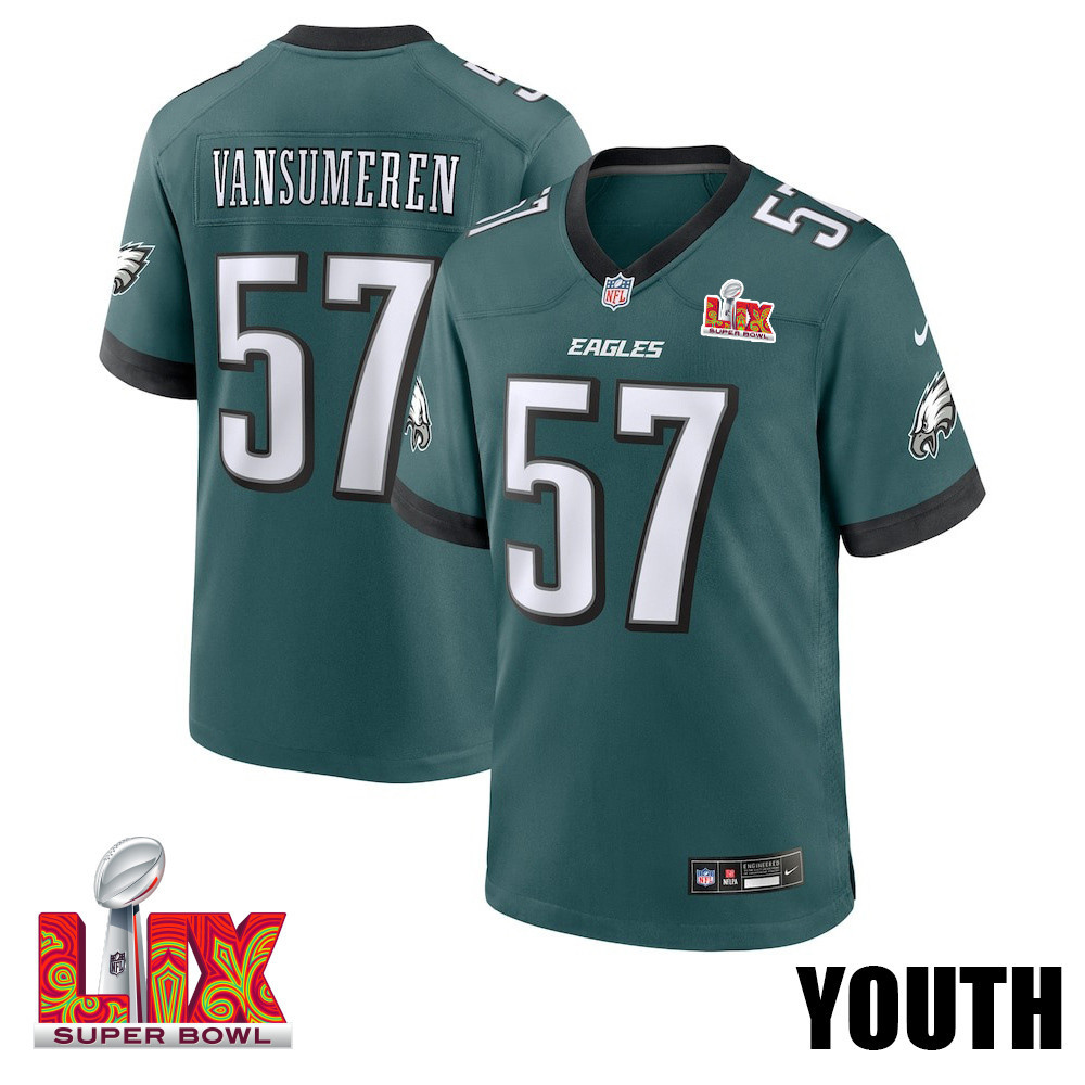 Ben VanSumeren #57 Philadelphia Eagles Super Bowl LIX Game Jersey - Youth | Midnight Green