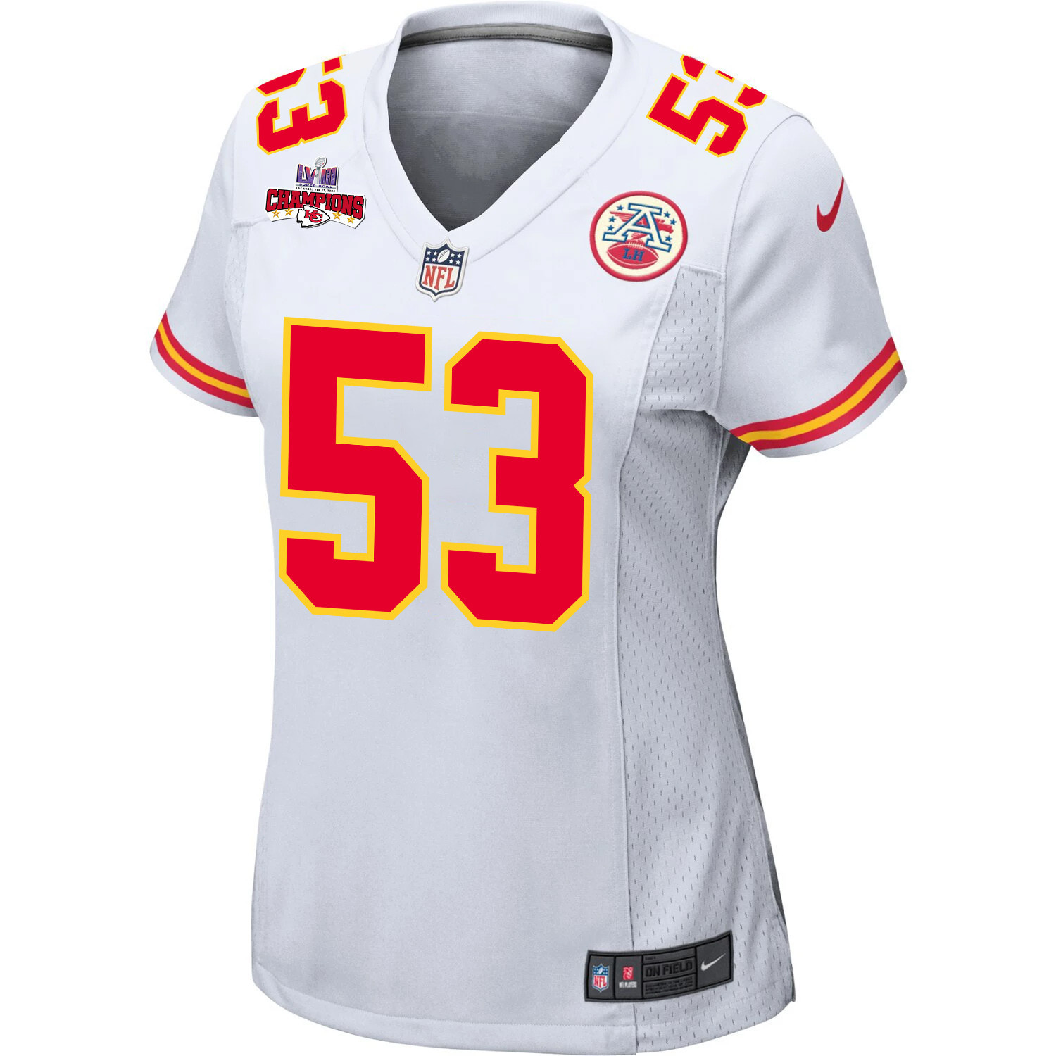 Alternative view of BJ Thompson #53 Kansas City Chiefs Super Bowl LVIII Champions 4 Stars Patch Game Jersey - Women's | White