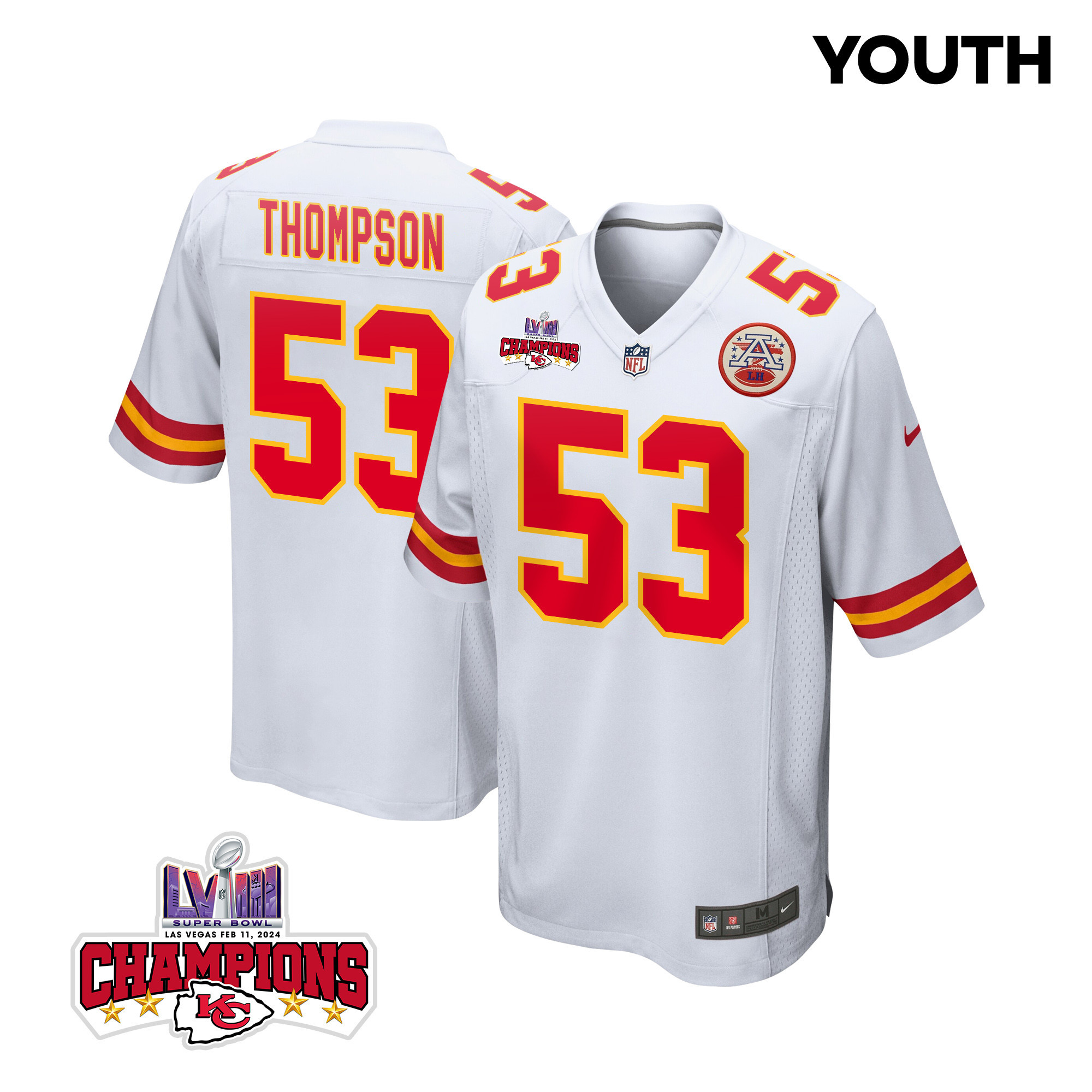 BJ Thompson #53 Kansas City Chiefs Super Bowl LVIII Champions 4 Stars Patch Game Jersey - Youth | White