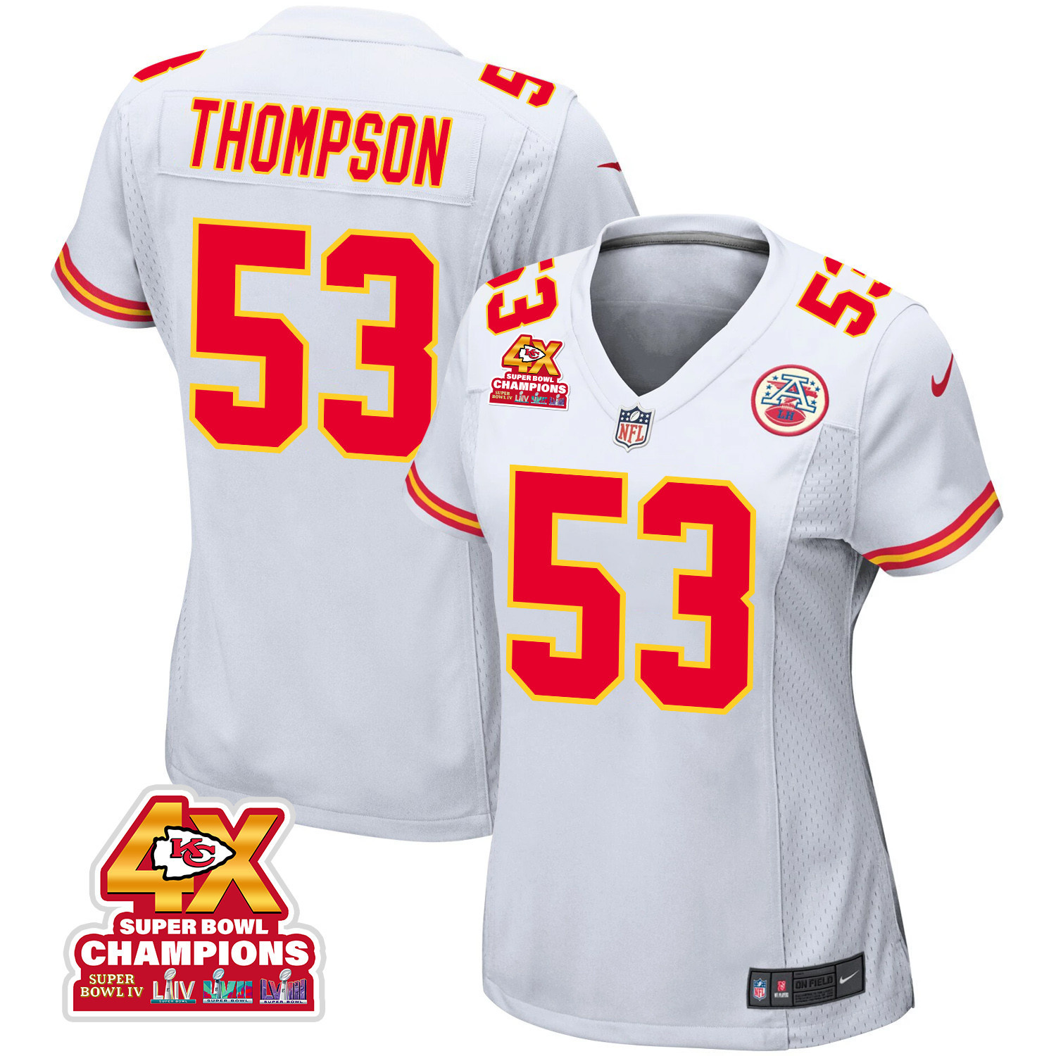 BJ Thompson #53 Kansas City Chiefs Super Bowl LVIII Champions 4X Game Jersey - Women's | White