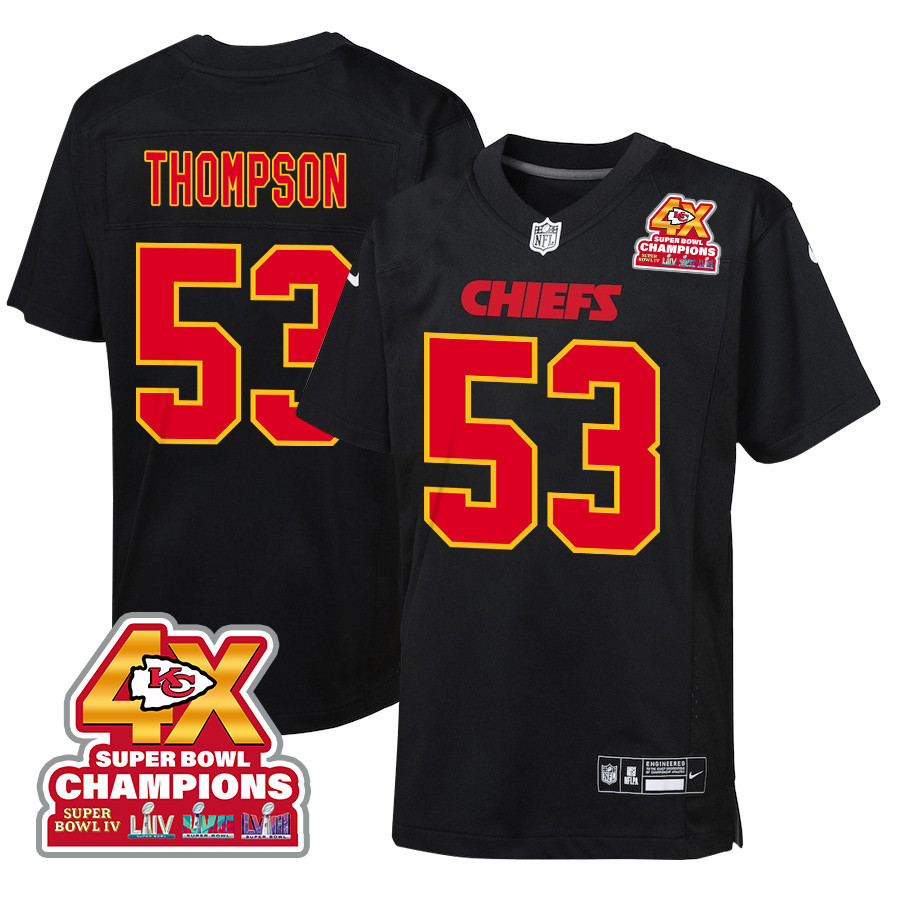 BJ Thompson #53 Kansas City Chiefs Super Bowl LVIII Champions 4X Game Jersey - Youth | Carbon Black
