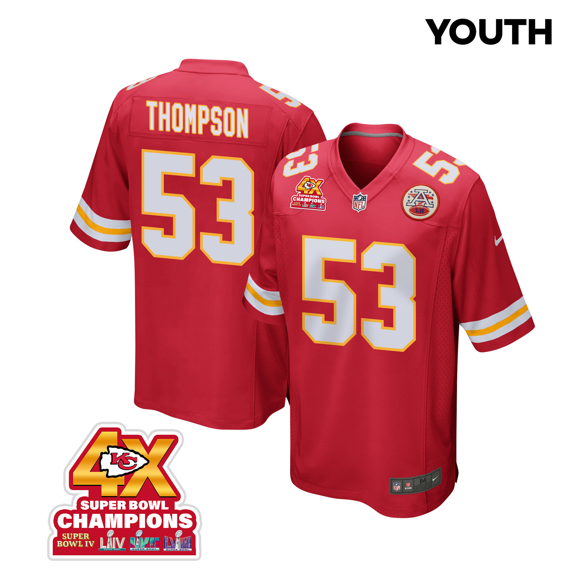 BJ Thompson #53 Kansas City Chiefs Super Bowl LVIII Champions 4X Game Jersey - Youth | Red