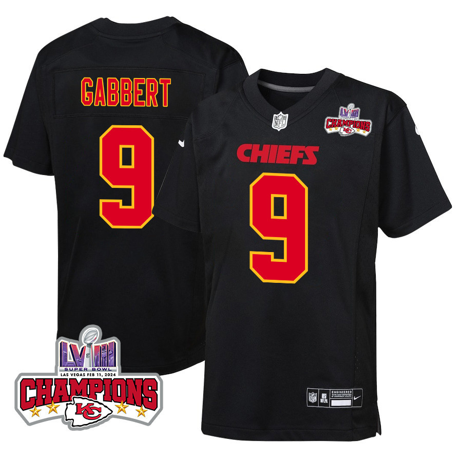 Blaine Gabbert #9 Kansas City Chiefs Super Bowl LVIII Champions 4 Stars Patch Game Jersey - Youth | Carbon Black