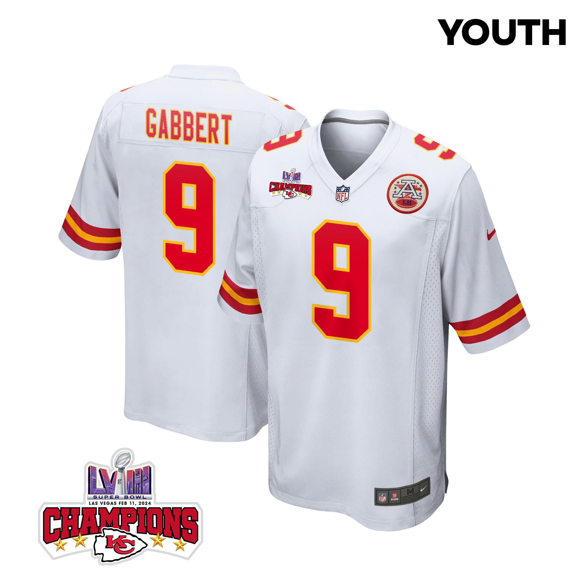 Blaine Gabbert #9 Kansas City Chiefs Super Bowl LVIII Champions 4 Stars Patch Game Jersey - Youth | White