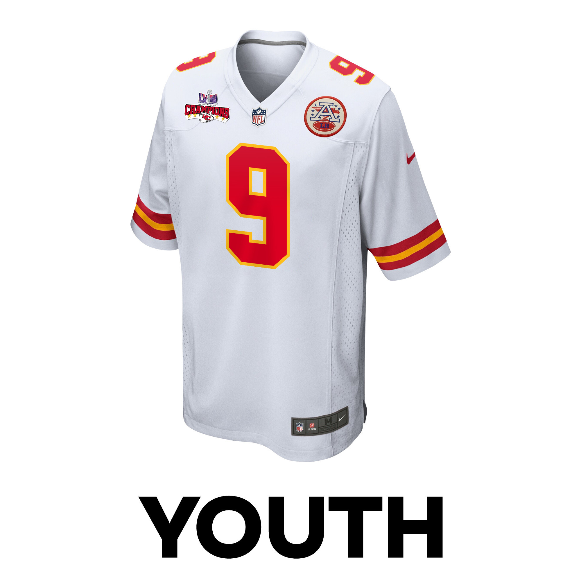 Alternative view of Blaine Gabbert #9 Kansas City Chiefs Super Bowl LVIII Champions 4 Stars Patch Game Jersey - Youth | White