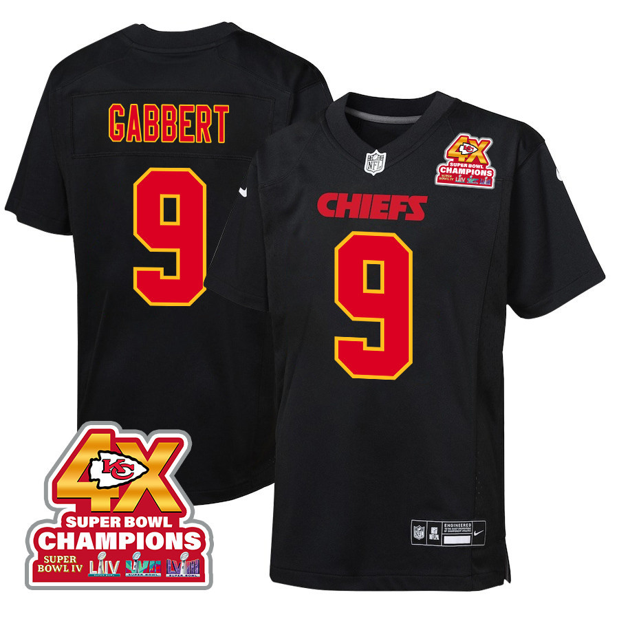 Blaine Gabbert #9 Kansas City Chiefs Super Bowl LVIII Champions 4X Game Jersey - Youth | Carbon Black