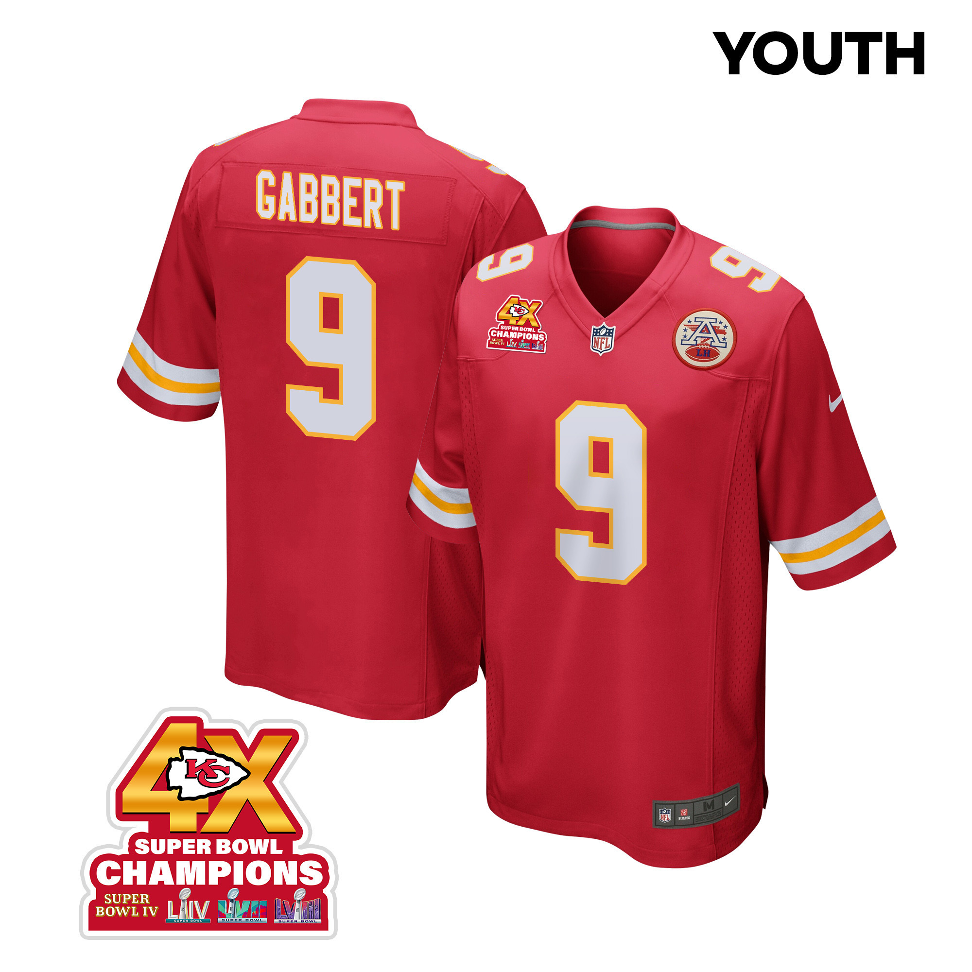 Blaine Gabbert #9 Kansas City Chiefs Super Bowl LVIII Champions 4X Game Jersey - Youth | Red