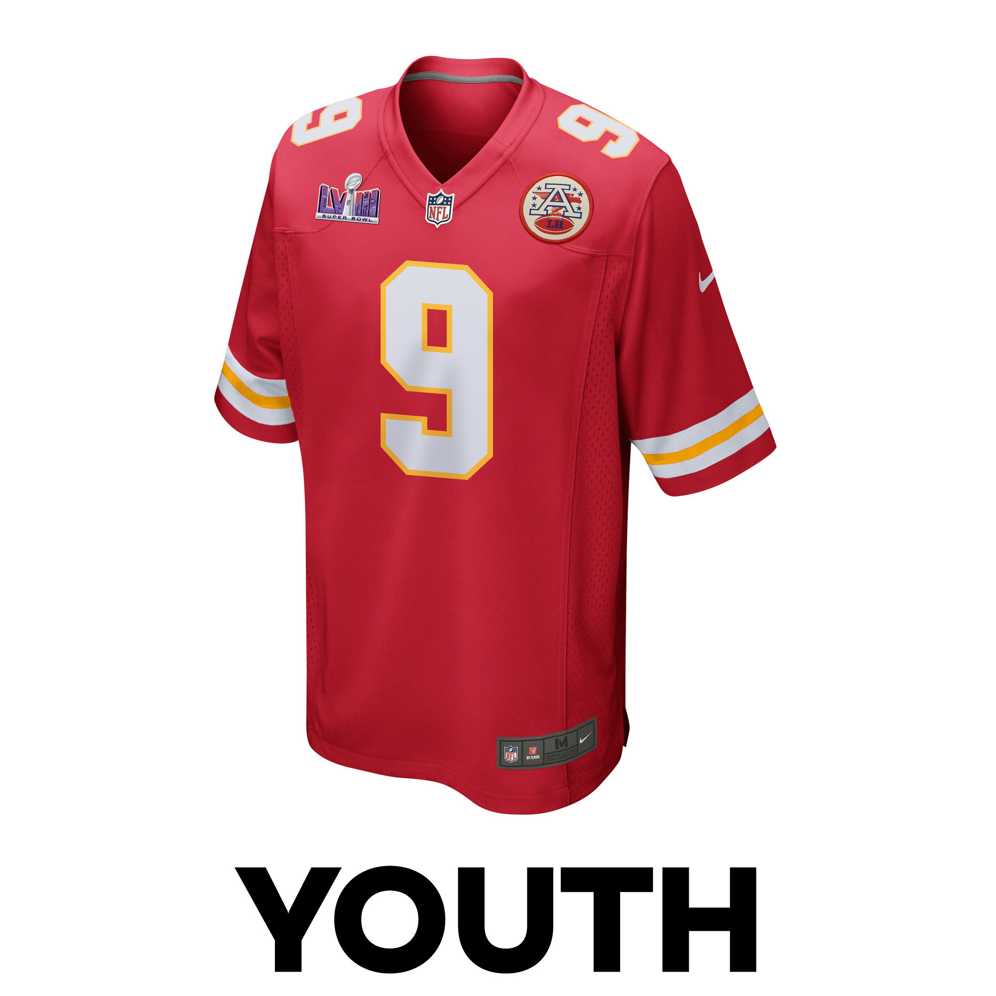 Alternative view of Blaine Gabbert #9 Kansas City Chiefs Super Bowl LVIII Patch Game Jersey - Youth | Red
