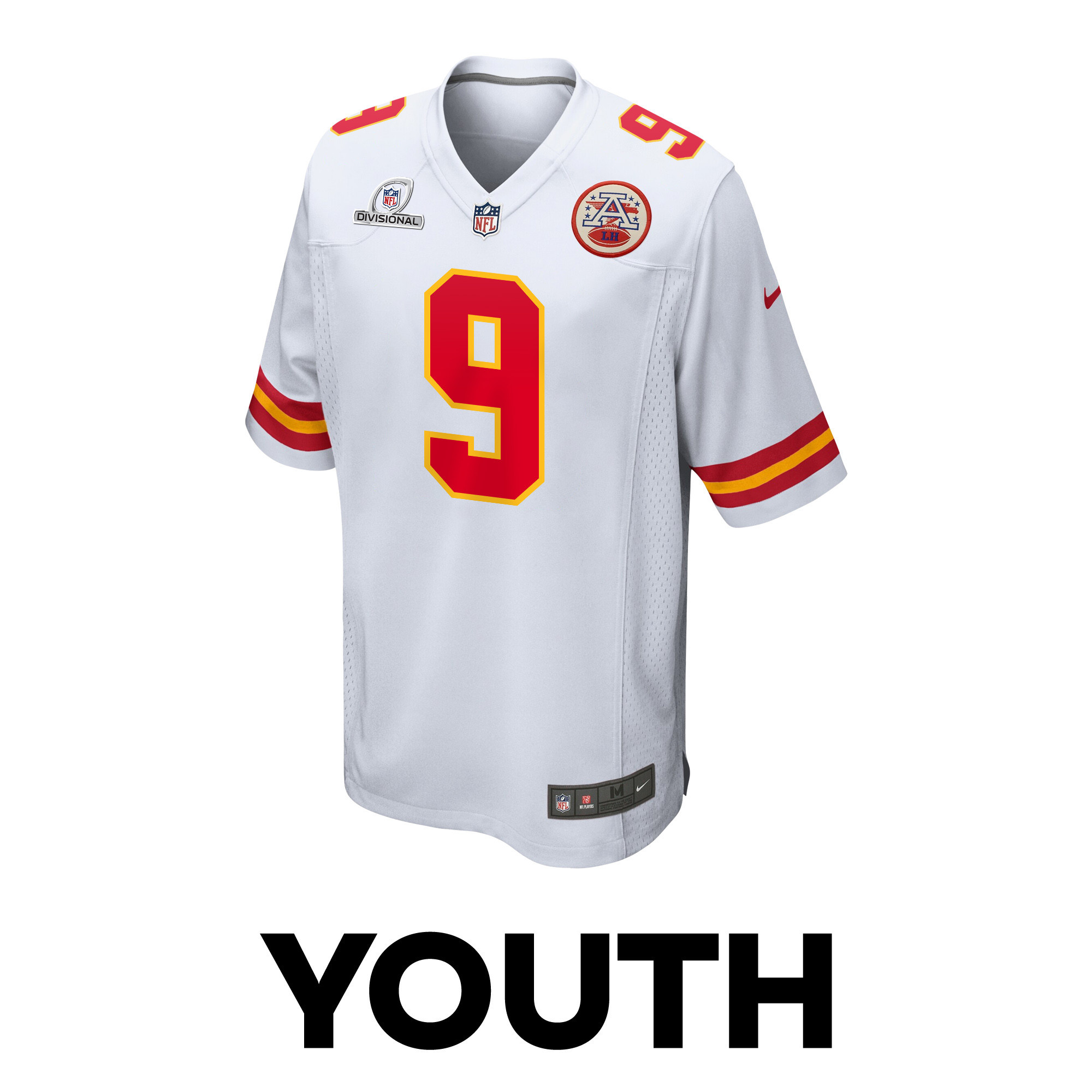 Alternative view of Blaine Gabbert #9 Kansas City Chiefs Super Bowl LVIII Patch Game Jersey - Youth | White
