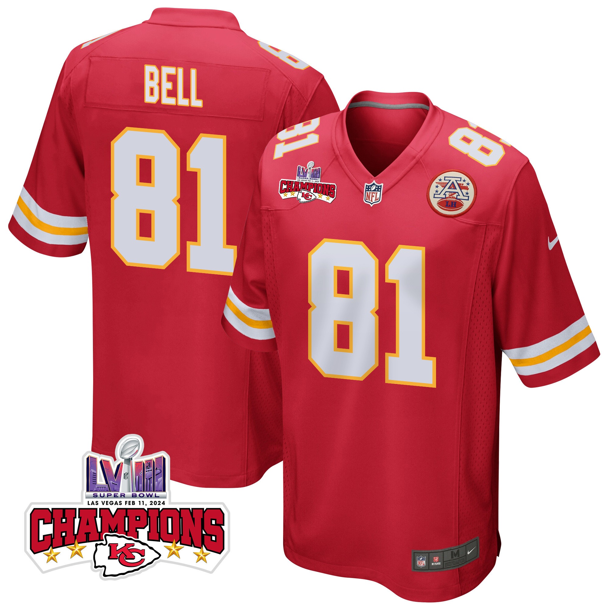 Blake Bell #81 Kansas City Chiefs Super Bowl LVIII Champions 4 Stars Patch Game Jersey - Men's | Red