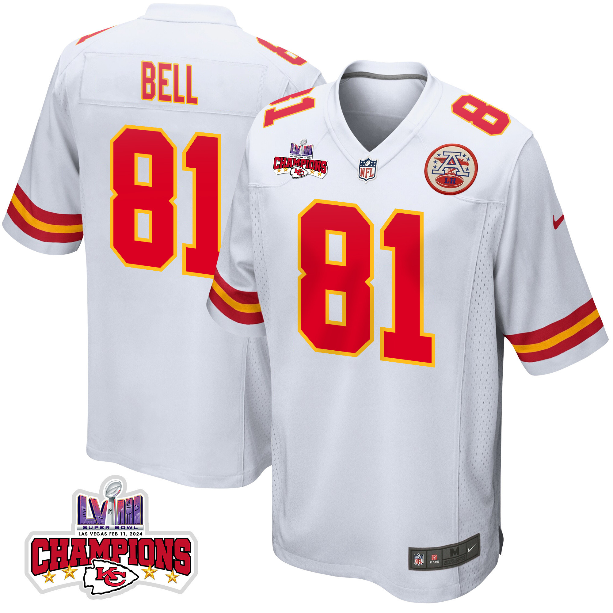 Blake Bell #81 Kansas City Chiefs Super Bowl LVIII Champions 4 Stars Patch Game Jersey - Men's | White