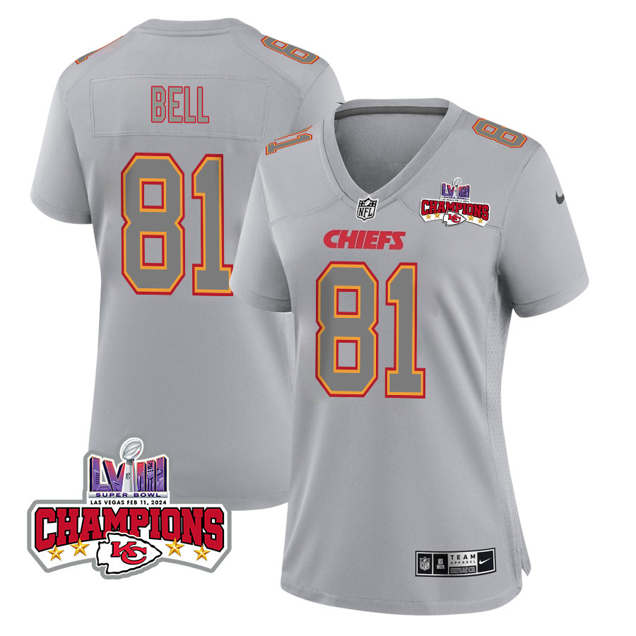 Blake Bell #81 Kansas City Chiefs Super Bowl LVIII Champions 4 Stars Patch Game Jersey - Women's | Gray