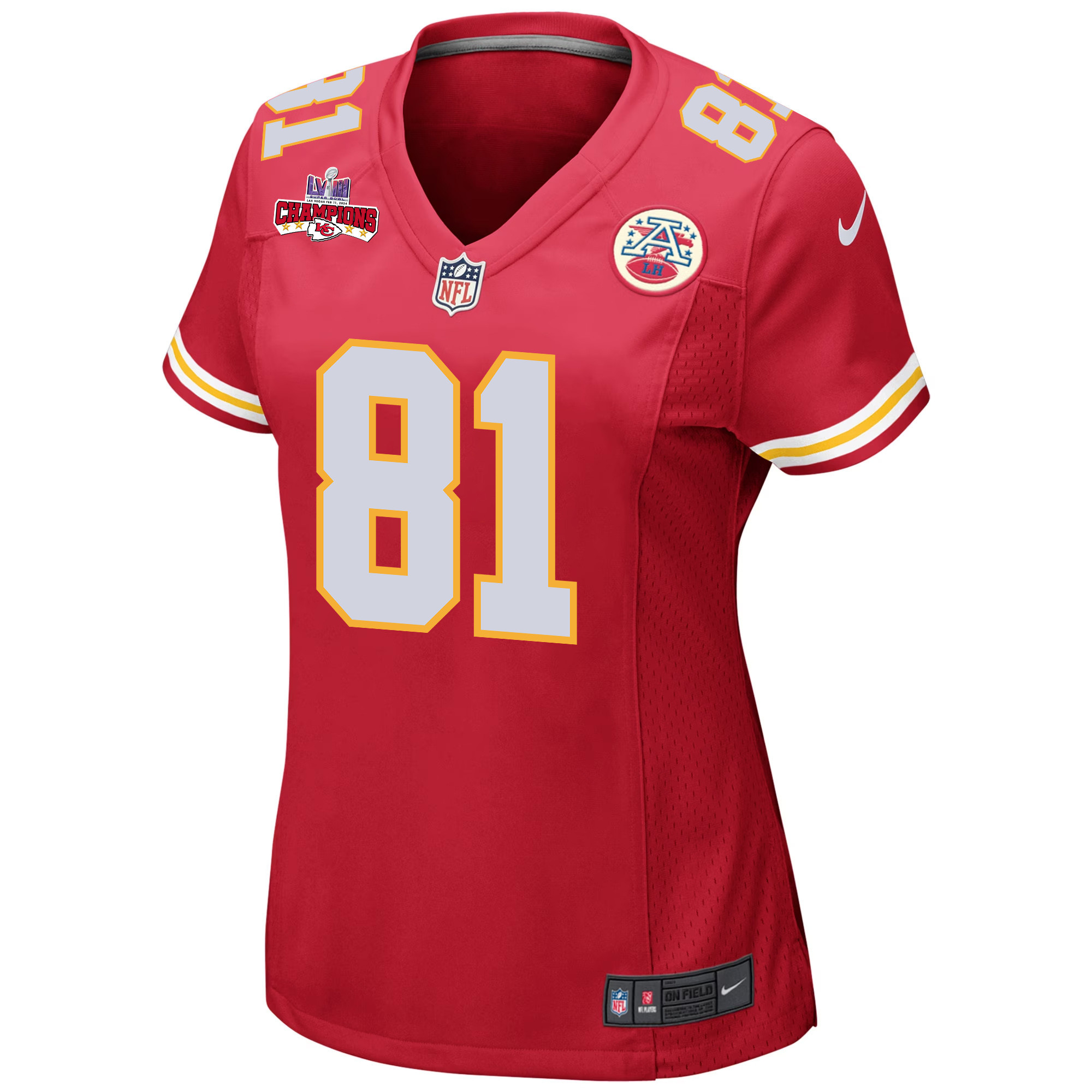 Alternative view of Blake Bell #81 Kansas City Chiefs Super Bowl LVIII Champions 4 Stars Patch Game Jersey - Women's | Red