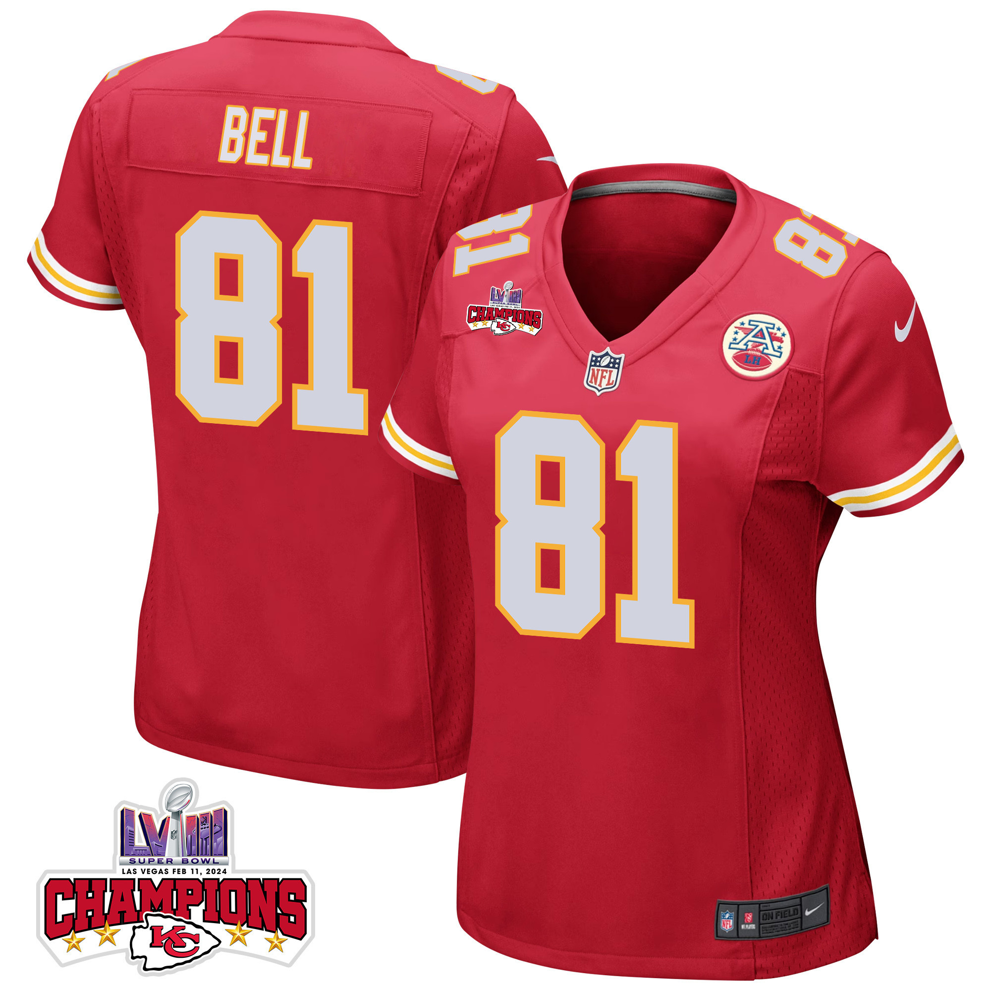 Blake Bell #81 Kansas City Chiefs Super Bowl LVIII Champions 4 Stars Patch Game Jersey - Women's | Red