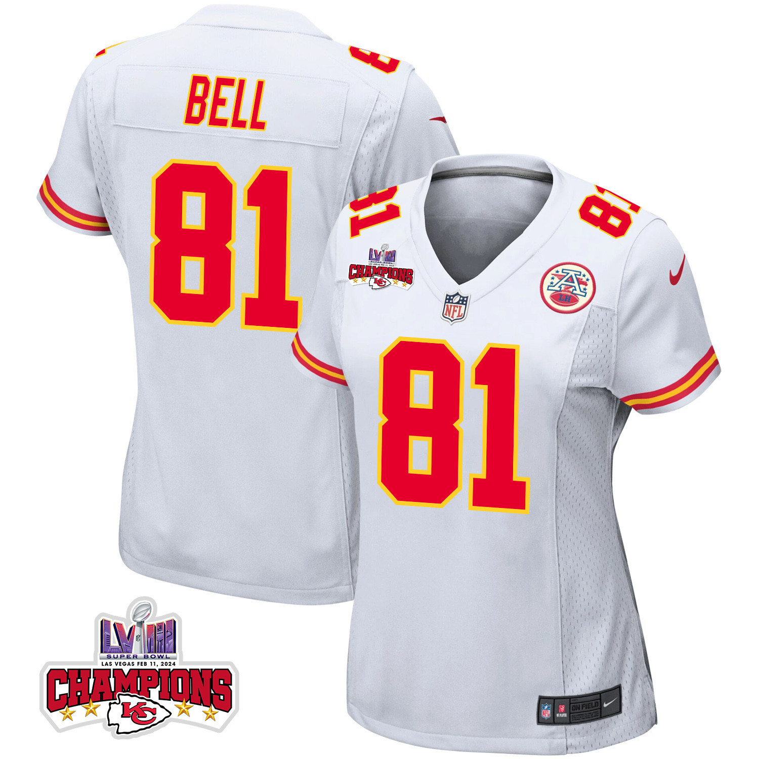 Blake Bell #81 Kansas City Chiefs Super Bowl LVIII Champions 4 Stars Patch Game Jersey - Women's | White