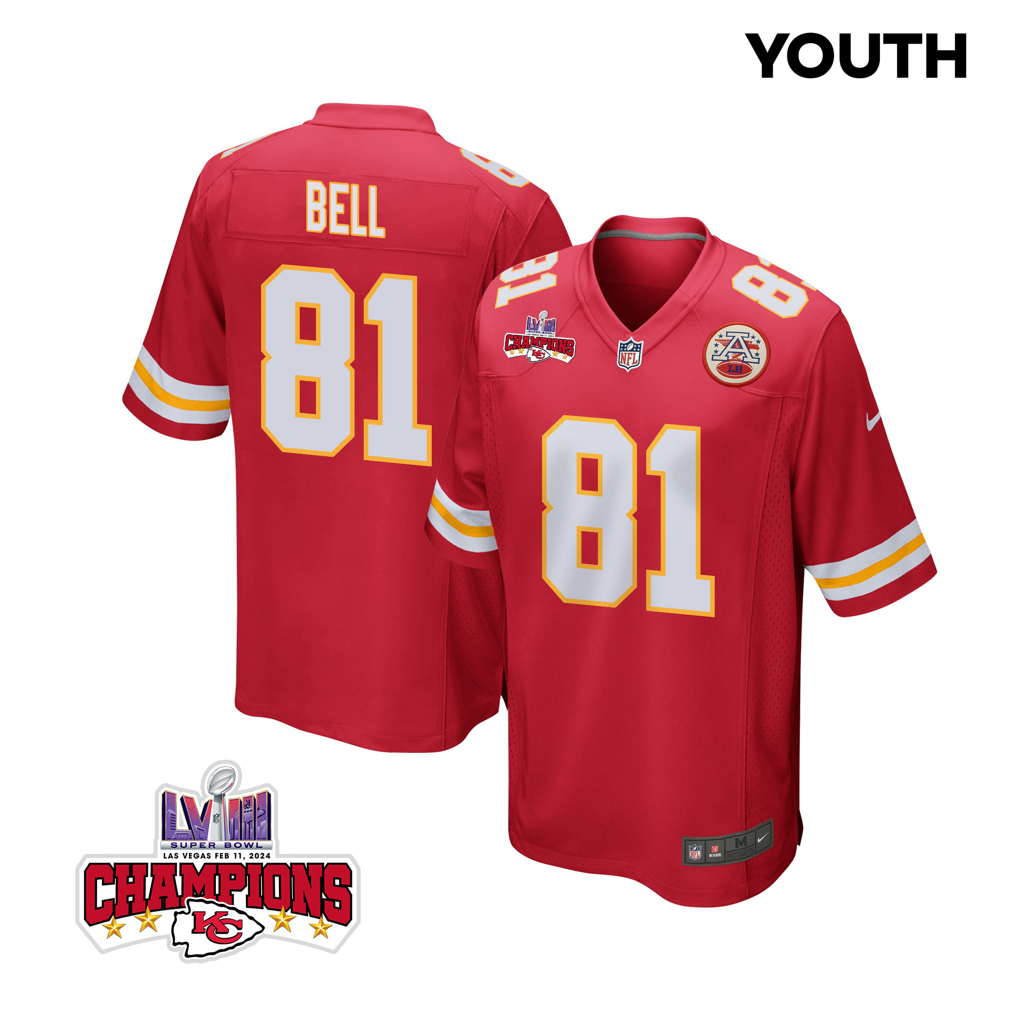 Blake Bell #81 Kansas City Chiefs Super Bowl LVIII Champions 4 Stars Patch Game Jersey - Youth | Red