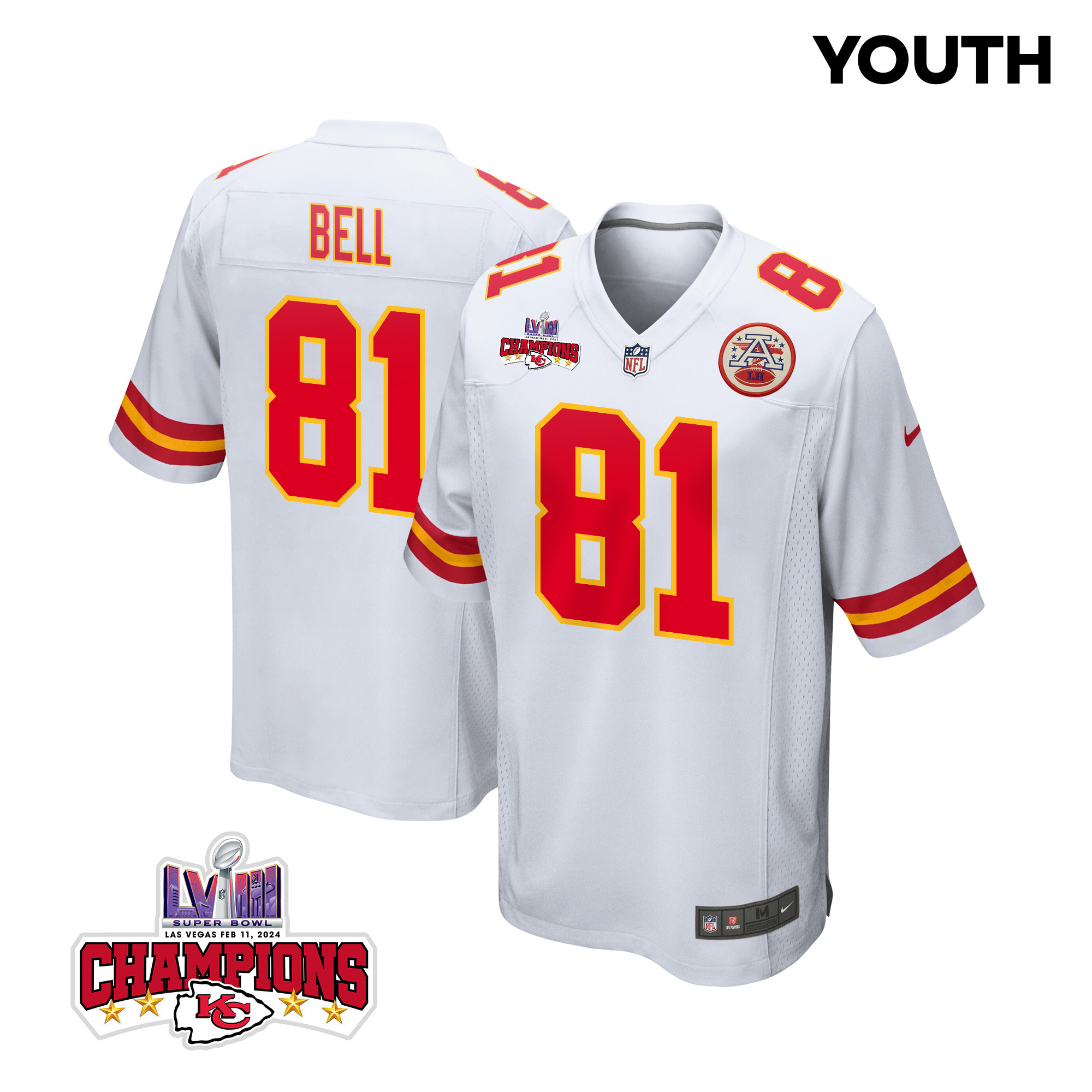 Blake Bell #81 Kansas City Chiefs Super Bowl LVIII Champions 4 Stars Patch Game Jersey - Youth | White
