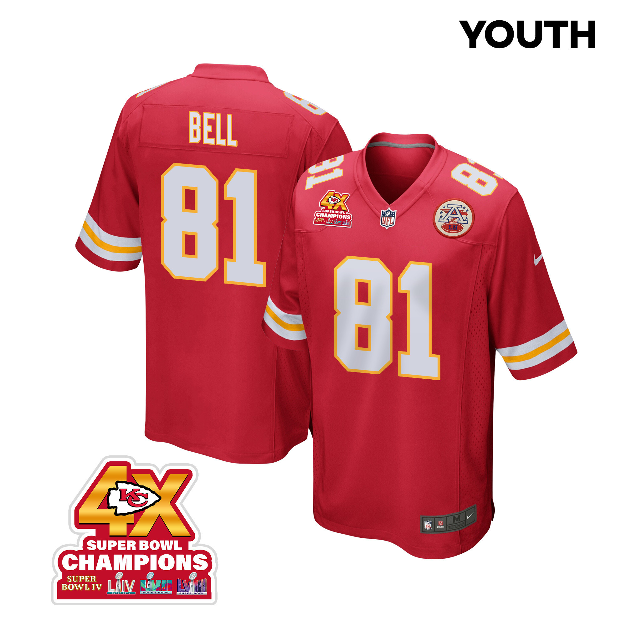 Blake Bell #81 Kansas City Chiefs Super Bowl LVIII Champions 4X Game Jersey - Youth | Red