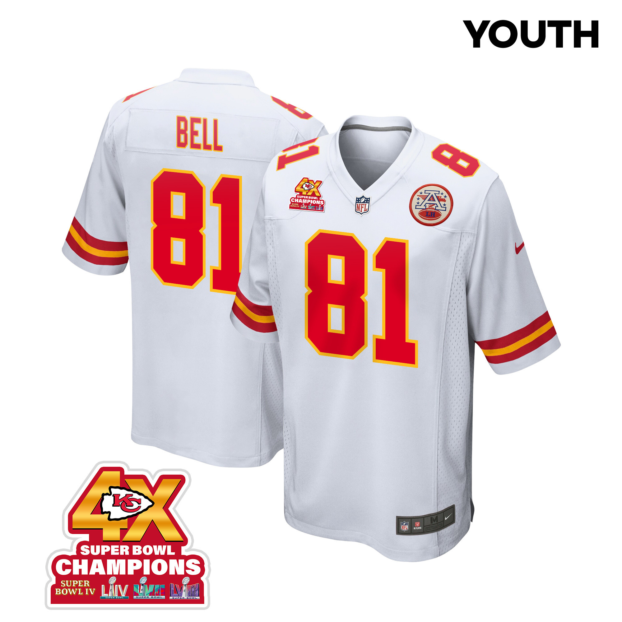 Blake Bell #81 Kansas City Chiefs Super Bowl LVIII Champions 4X Game Jersey - Youth | White